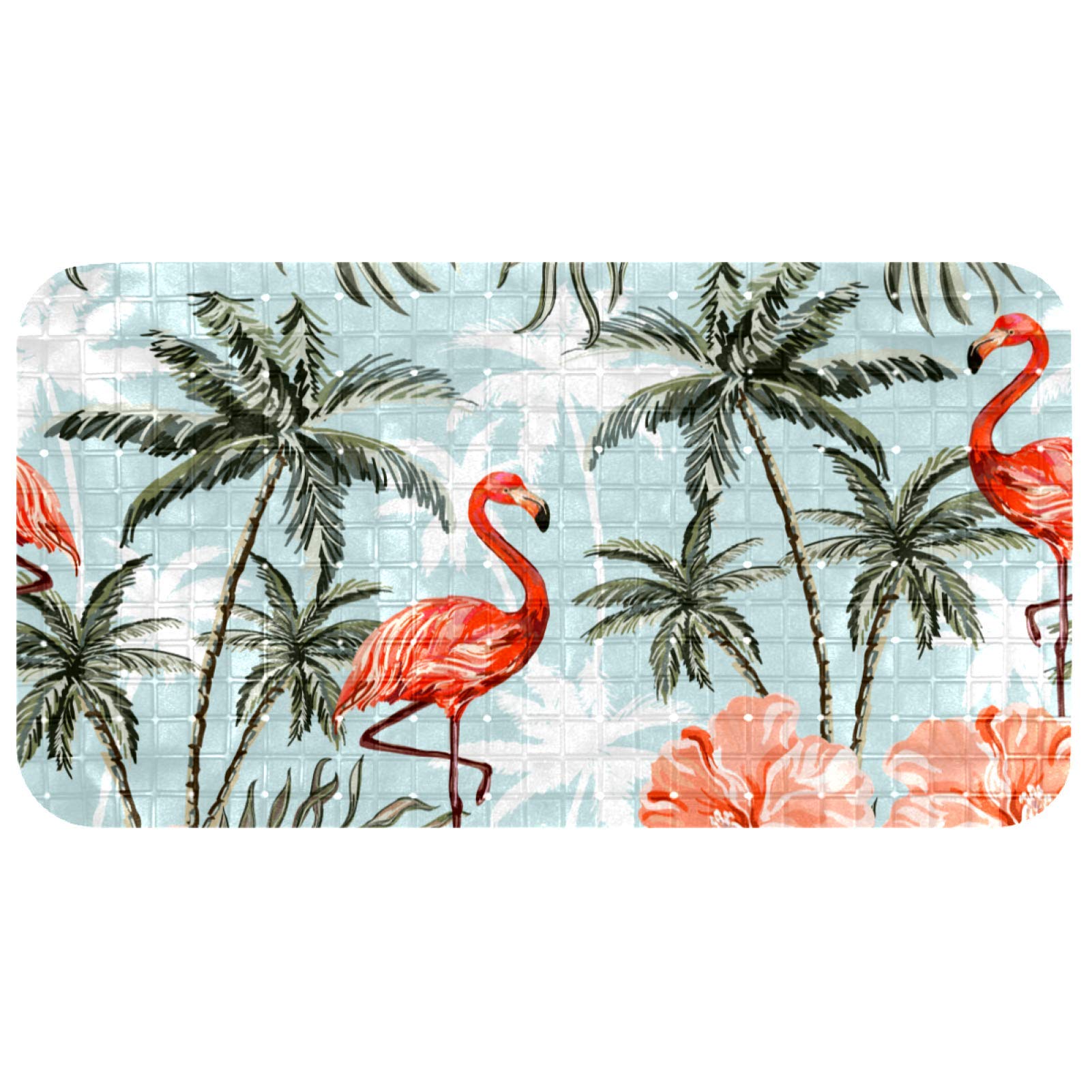 Non-Slip Bath Mat with Tropical Coconut Palm Trees & Flamingo Hibiscus Design - Waterproof Shower Mat for Bathtub with Suction Cups & Drain Holes (14.7x26.9 Inch) - Perfect for Bathroom, Spa, and Beach House Decor