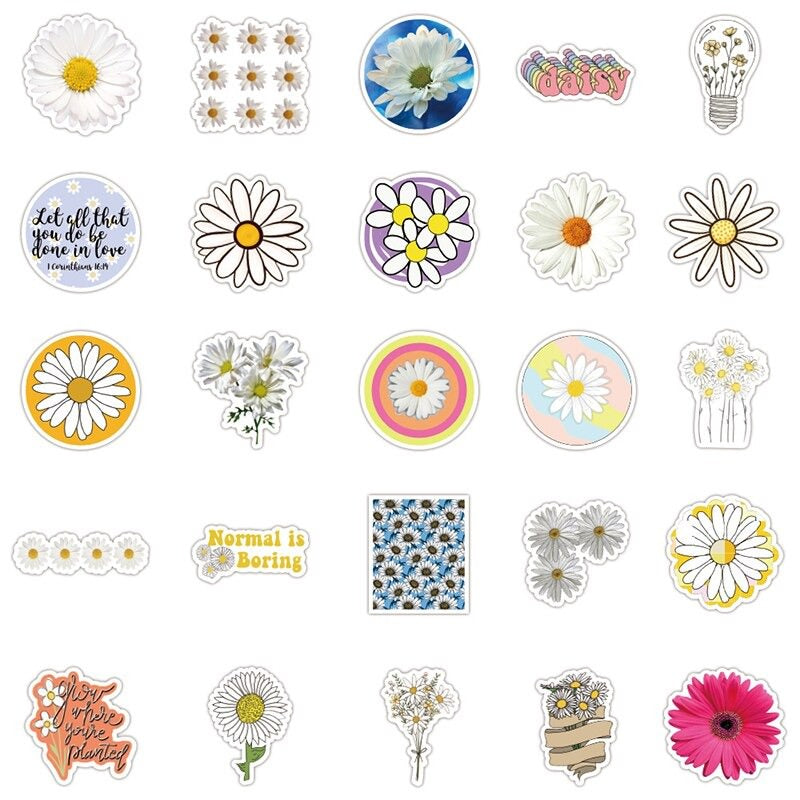 Daisy Flower Stickers Pack - 50PCS Waterproof Vinyl Decals for Laptop, Phone, Water Bottle - Perfect for DIY Crafts, Scrapbooking & Home Decor