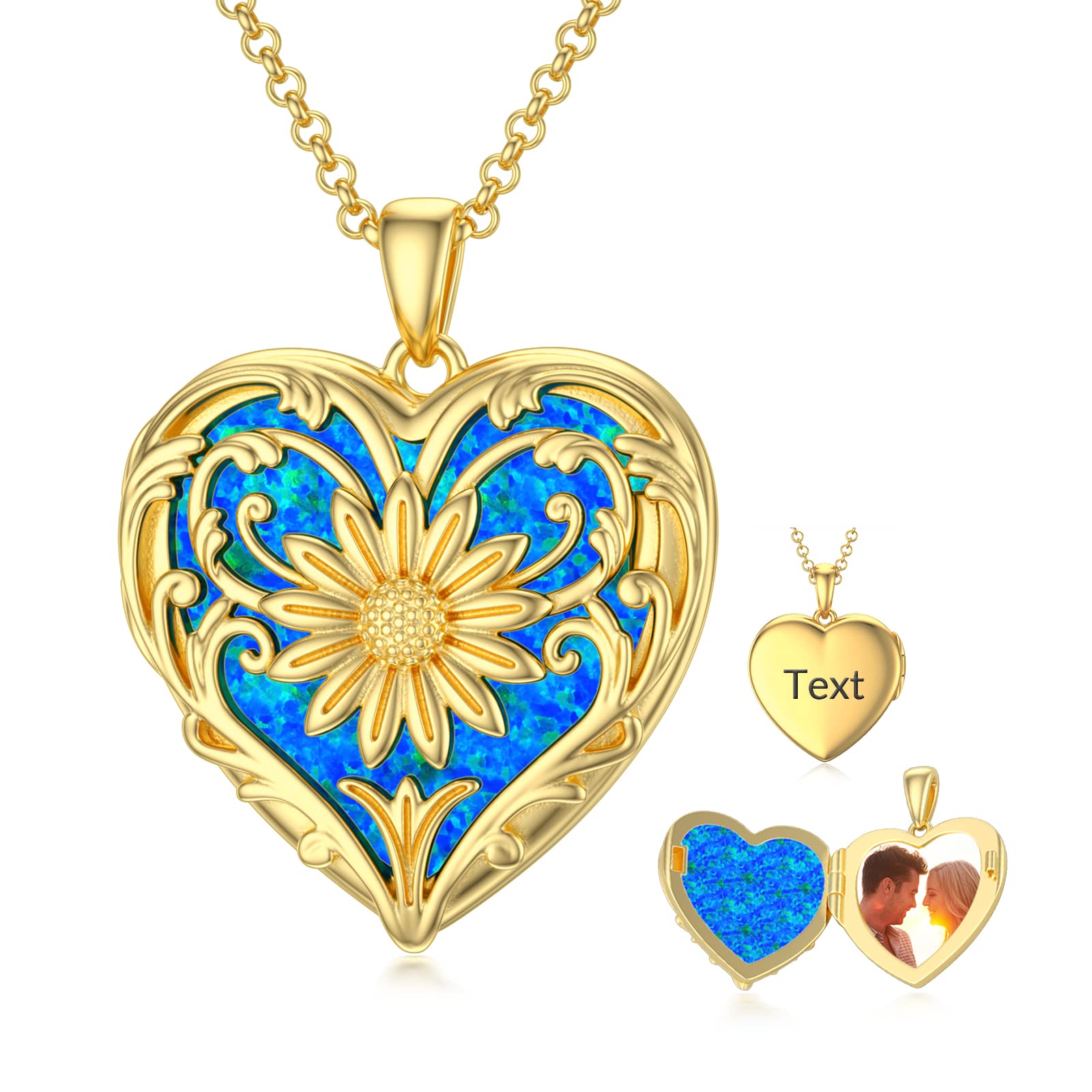 SOULMEET Personalized Heart Locket Necklace - Sunflower Design with Opal, Abalone, Pearl Shell & Malachite - Holds Photos - Silver & Gold Jewelry Gift for Women - Perfect for Anniversaries, Birthdays & Mother's Day Gifts