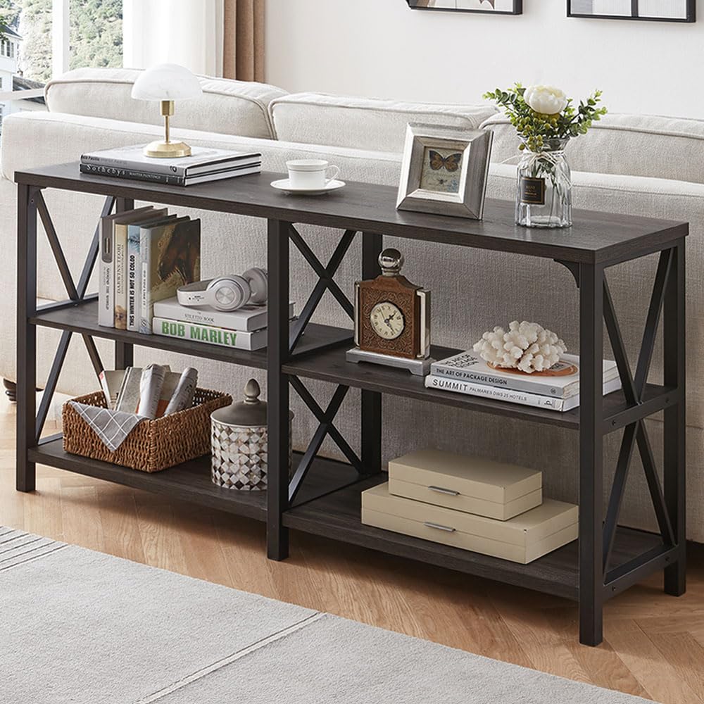 LVB Rustic Console Table - Industrial Modern Sofa Table Behind Couch, Long Entryway Table with Storage Shelf | Farmhouse Foyer & Hallway Table for Living Room, Bedroom & Home Decor | Dark Gray Oak Finish, 63 Inch | Perfect for Small Spaces & Apartment Entryways
