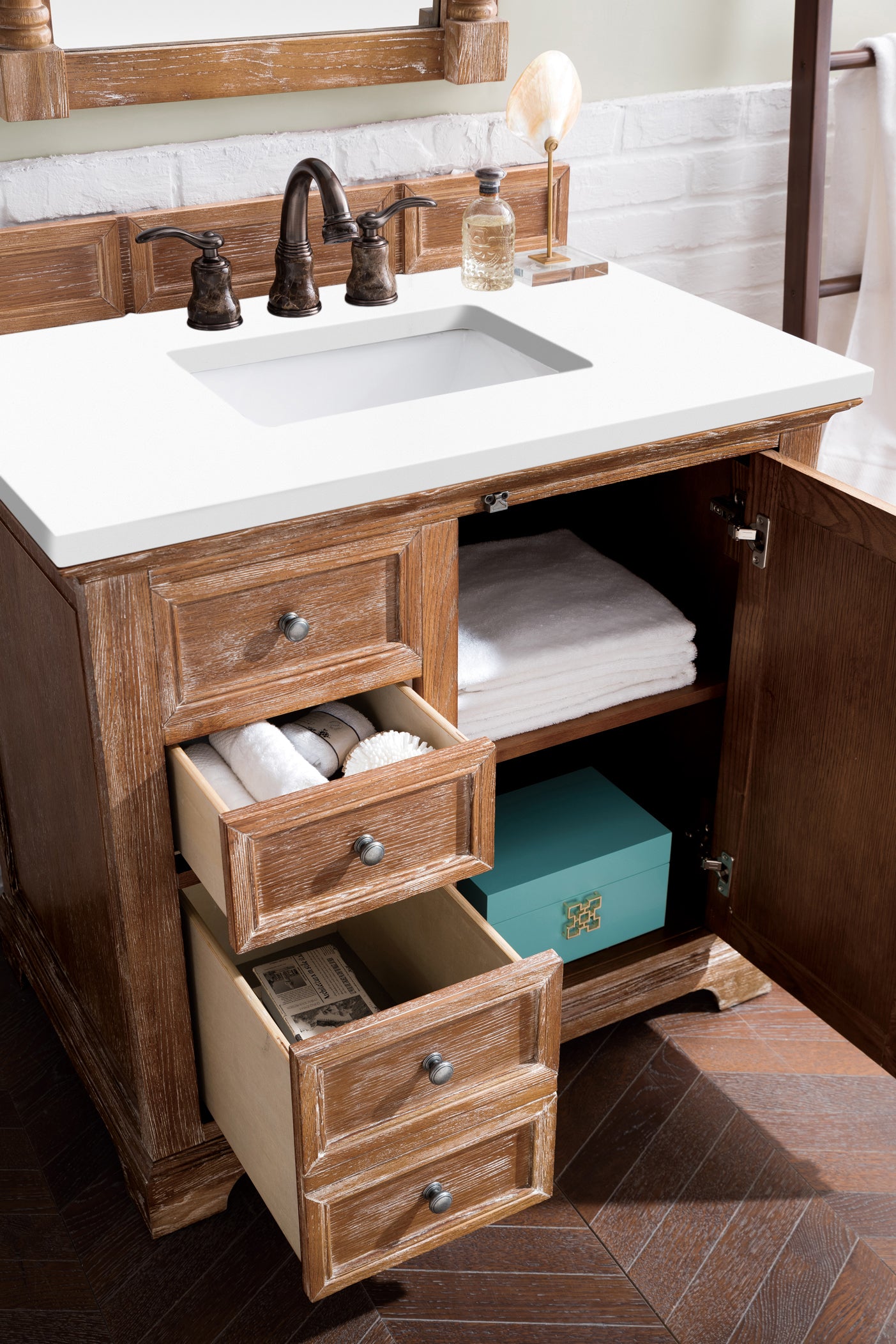 Providence 36 Inch Single Bathroom Vanity Cabinet in Driftwood Finish with 3CM White Zeus Quartz Countertop - Perfect for Modern Bathroom Renovations and Home Upgrades