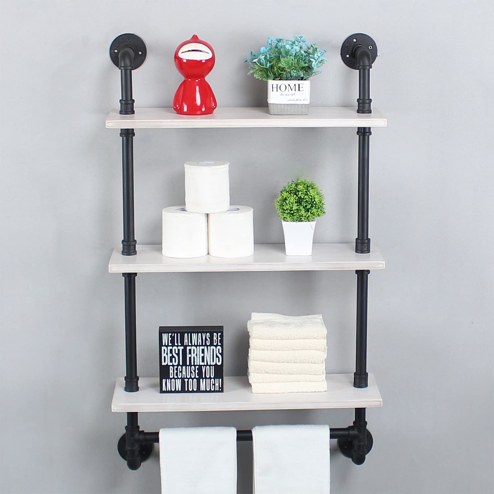 Industrial Pipe Shelving Set - 3-Tier Rustic Metal Floating Wall Shelf with Towel Bar (24 Inch, Black & White) - Heavy Duty Bathroom & Kitchen Storage for Towels, Spices & Decor