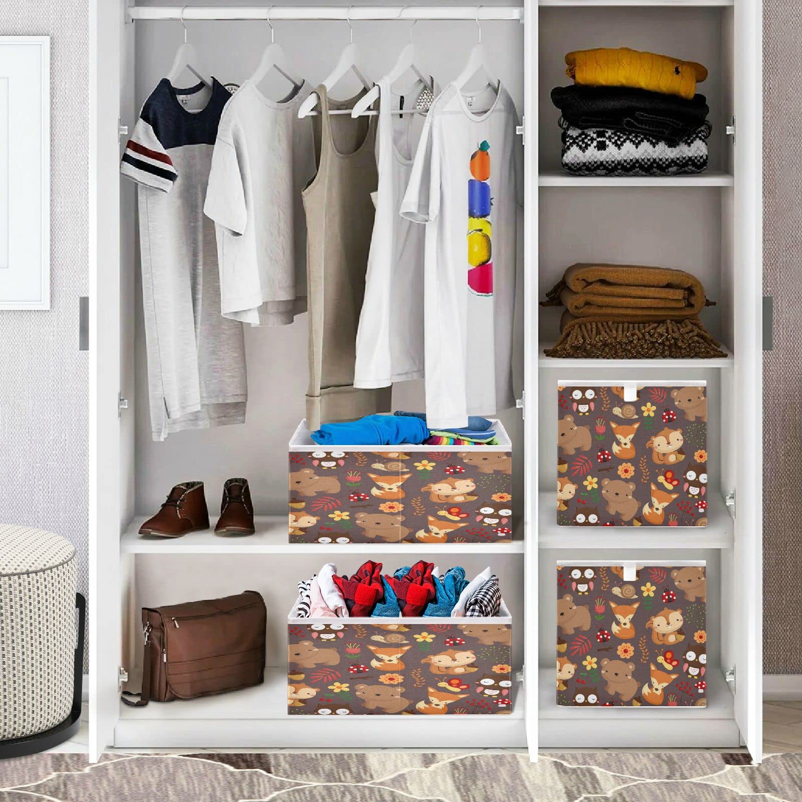 Bolaz Fox Owl Bear Fabric Storage Cubes & Bins - Versatile Shelf Baskets & Organizers for Kids Room, Closet, Toy Storage & Home Organization - Perfect for Nursery, Playroom & Bedroom Decor