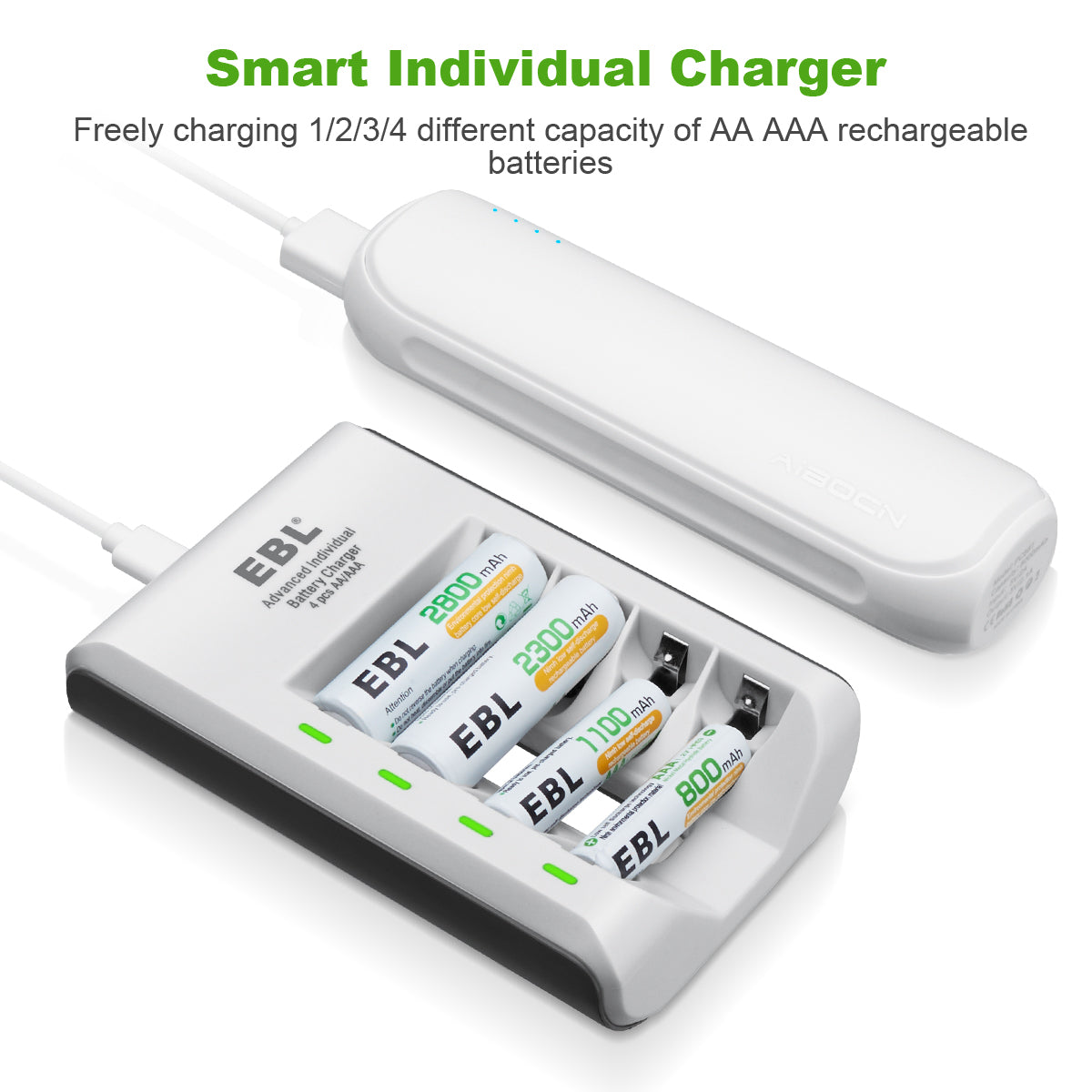 EBL 807 4 Bay Smart Battery Charger for AA AAA AAAA NiMH NiCd Rechargeable Batteries - Fast Charging for Cameras, Toys, Remote Controls & More