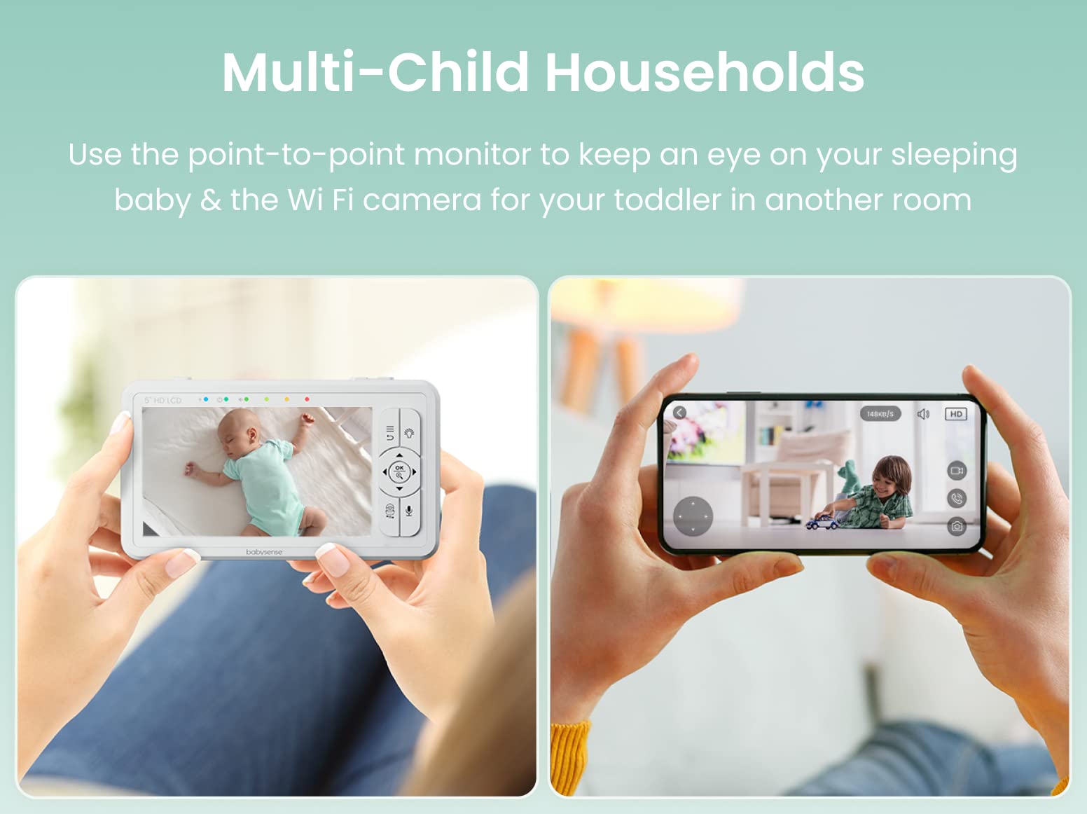 Babysense HDS2 Non-WiFi 5” HD Baby Monitor with Camera & Audio | Bonus WiFi Camera with App for Remote Viewing | Nursery, Home Security & Travel Use