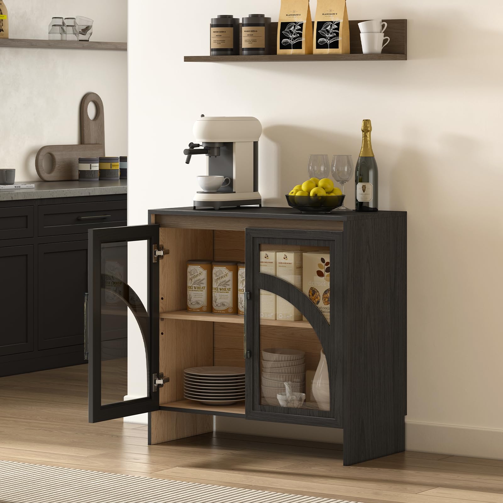 2-Piece Black Buffet Cabinet Set with Adjustable Shelf & Glass Doors - Storage Sideboard for Dining Room, Living Room, Home Decor | Perfect for Displaying China, Storing Linens & Entertaining Guests