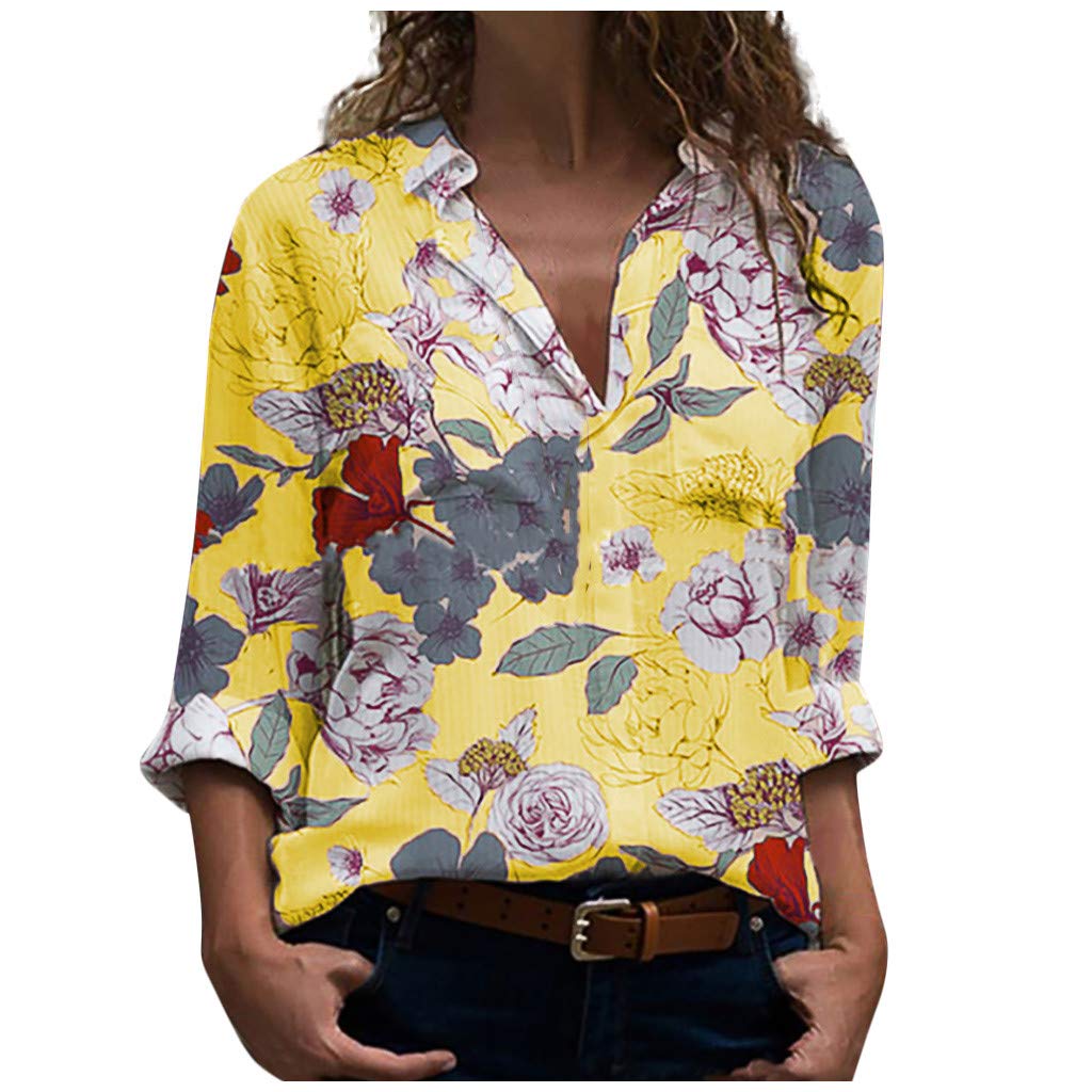 Dylanlla Women's Long Sleeve V-Neck T-Shirt - Loose Fit Casual Blouse with Button Flower Design | Perfect for Everyday Wear, Work Office & Spring Outfits