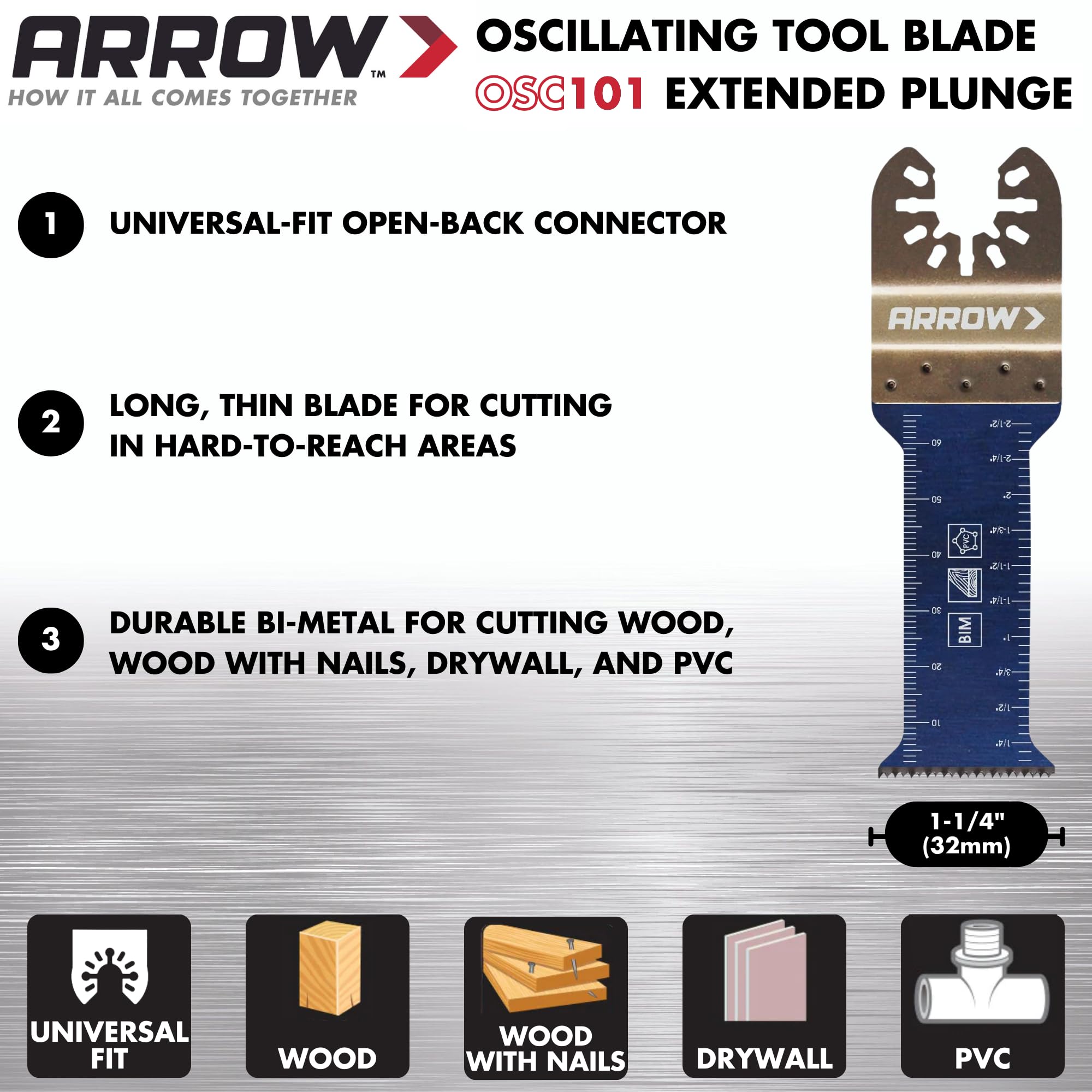 Arrow OSC101VP-3 Multi-Material Oscillating Tool Blades - 3-Pack for Cutting Copper Pipe, Wood, PVC, Drywall - Universal Fit for Most Oscillating Multi-Tools (1 ¼