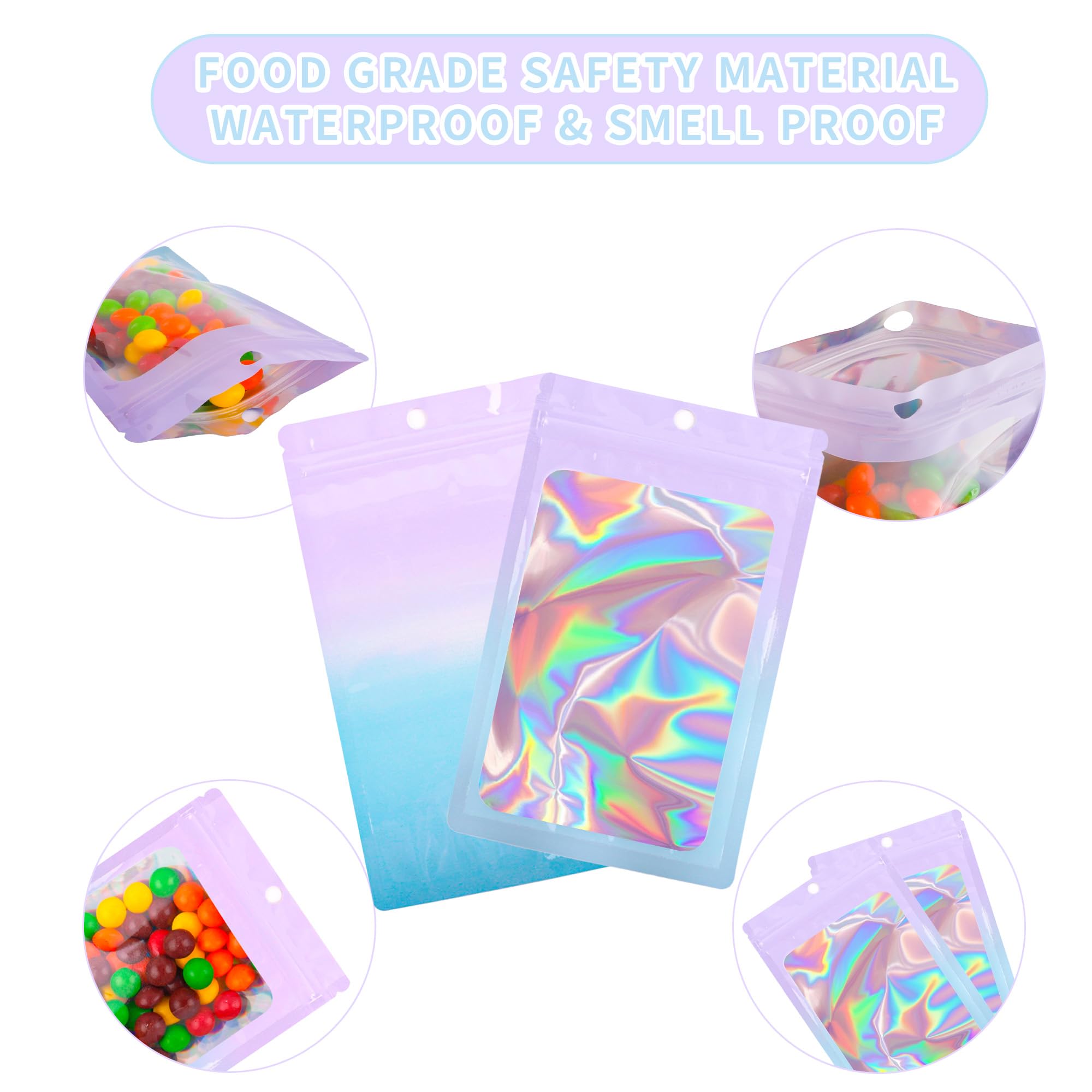 100 PCS Holographic Mylar Bags with Clear Window - Resealable Smell Proof Food Storage Bags for Candy, Snacks & Party Favors | Gradient Foil Packaging Bags (Purple Blue 2.4