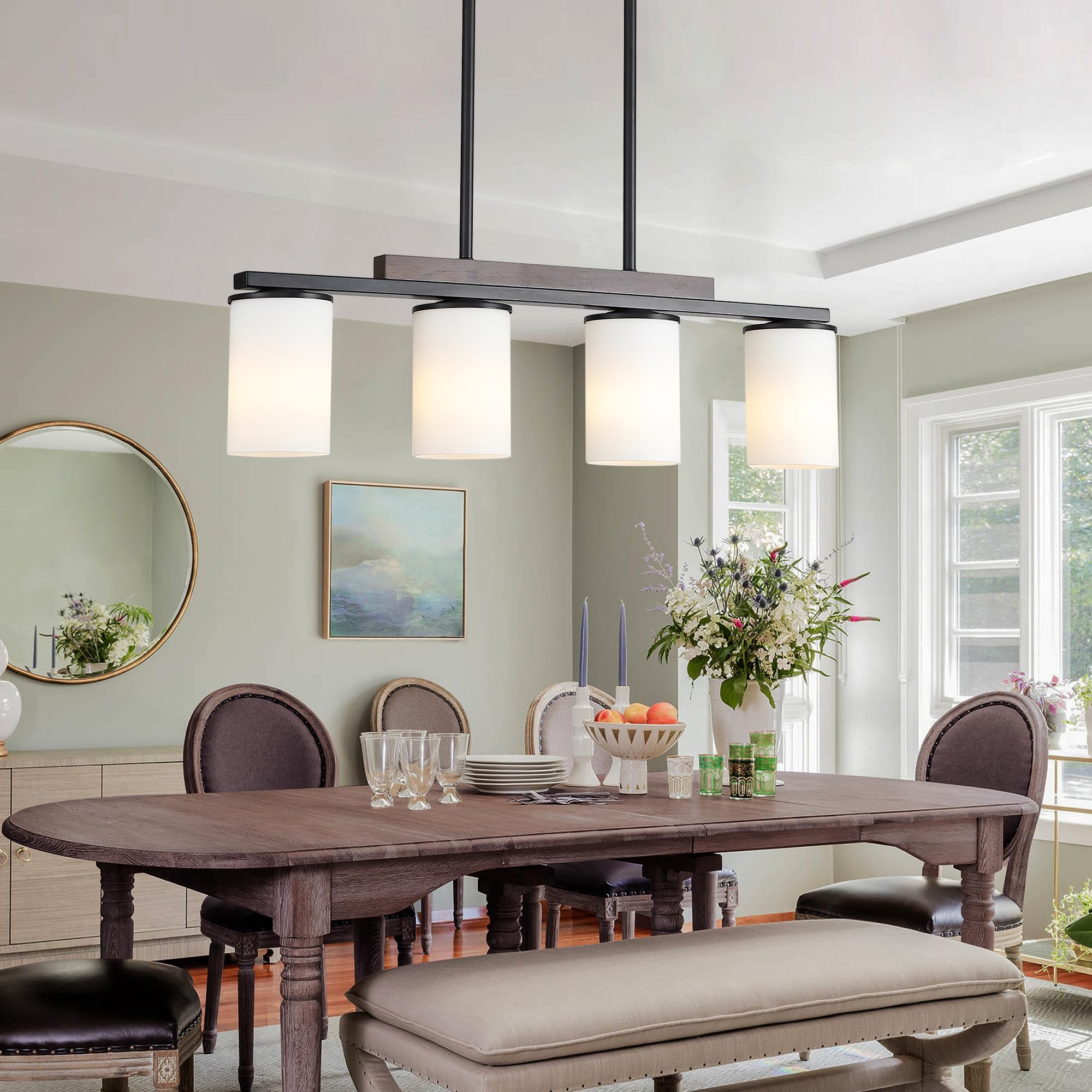 Farmhouse Black Pendant Lights with Milk Glass Shade - 4 Light Linear Chandelier for Dining Room & Kitchen Island - Rustic Wood Accent Lighting Perfect for Farmhouse, Industrial & Modern Decor