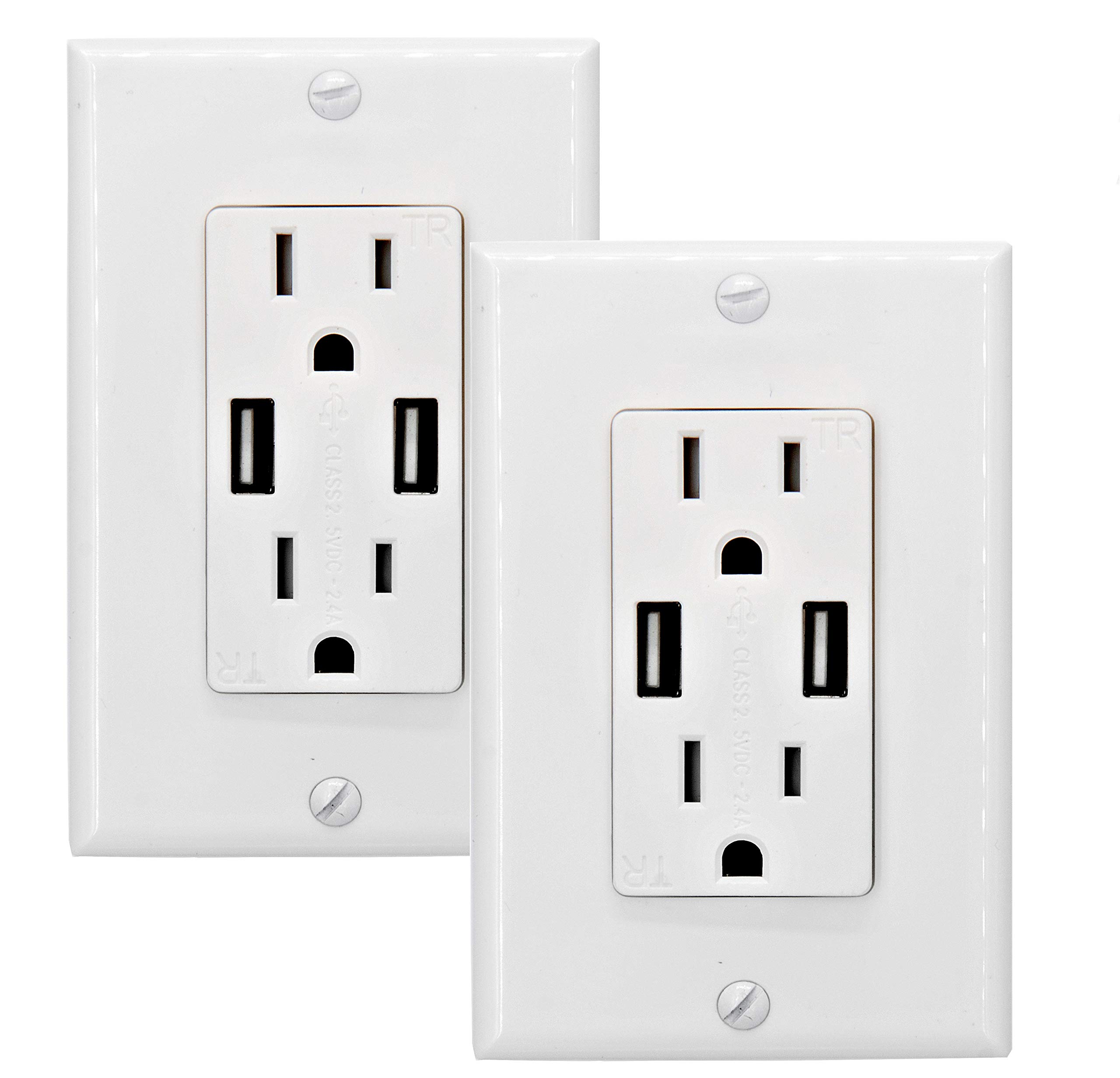 OviiTech 2.4A Dual USB Wall Charger Outlet - 15A Tamper Resistant Electrical Receptacle with 2 Wall Plates (2 Pack, White) - Fast Charging for iPhone, Android, Tablets & Smart Devices in Home, Office & Travel