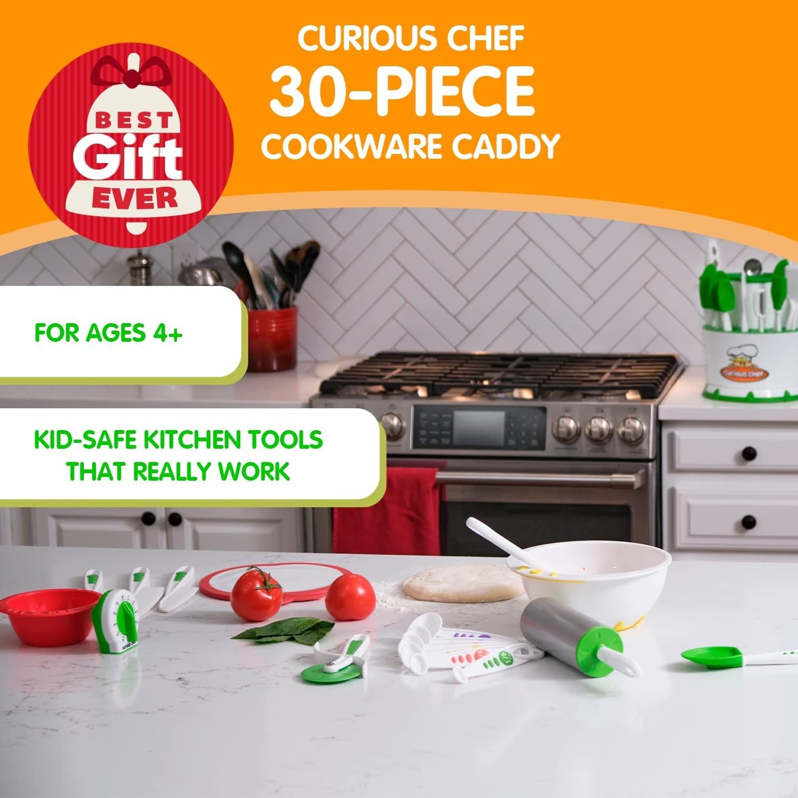 Curious Chef 30-Piece Kids Cooking Set - BPA-Free Plastic Cookware with Utensils (Rolling Pin, Spoons, Whisk, Knives, Measuring Cups) | Dishwasher Safe | Perfect for Pretend Play, Early Cooking Skills & Family Kitchen Fun