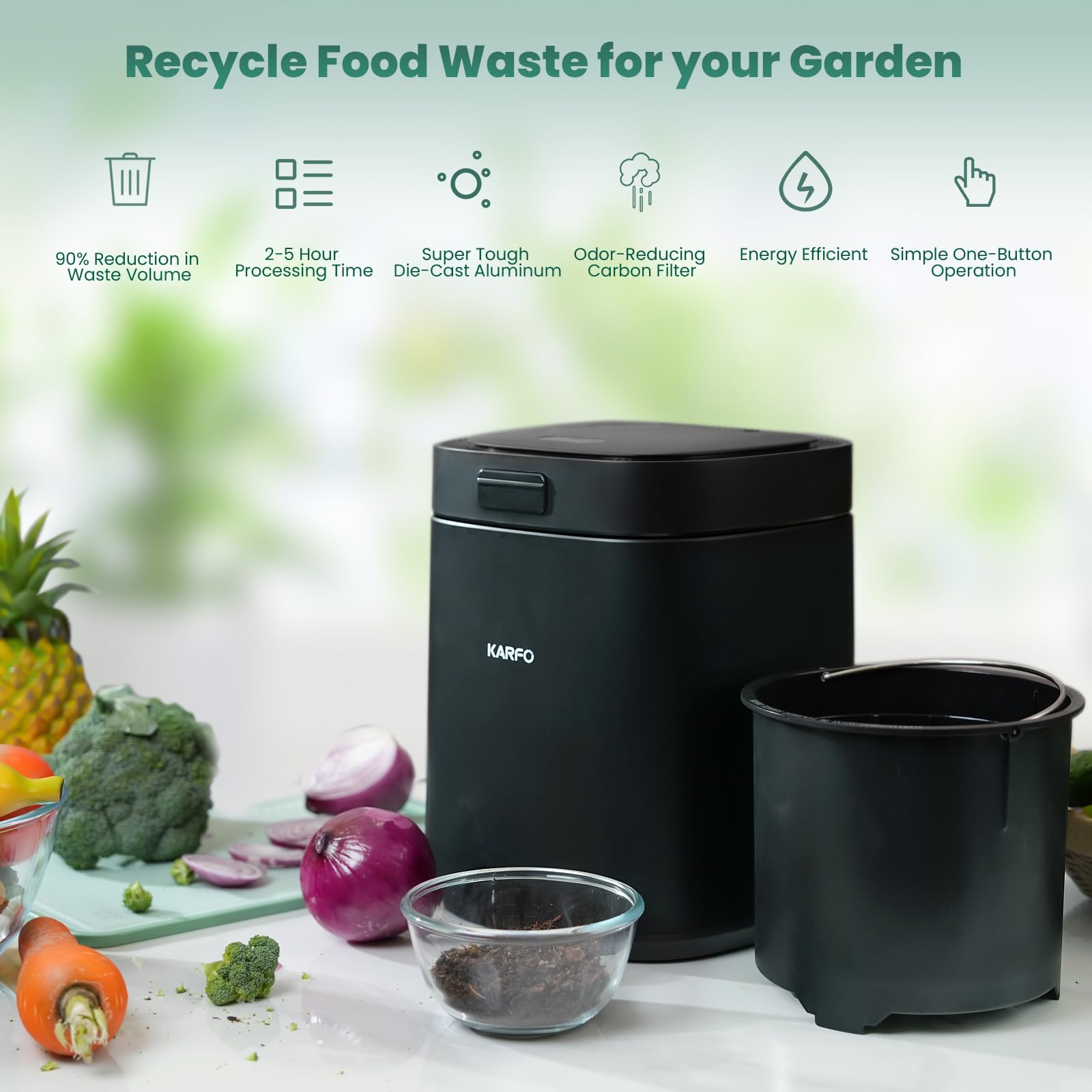 Karfo Electric Kitchen Composter - Smart Indoor/Outdoor Compost Bin with Odorless Single-Button Operation, Converts Food Waste to Organic Fertilizer for Plants | Perfect for Eco-Friendly Homes, Gardens & Sustainable Living (Black)