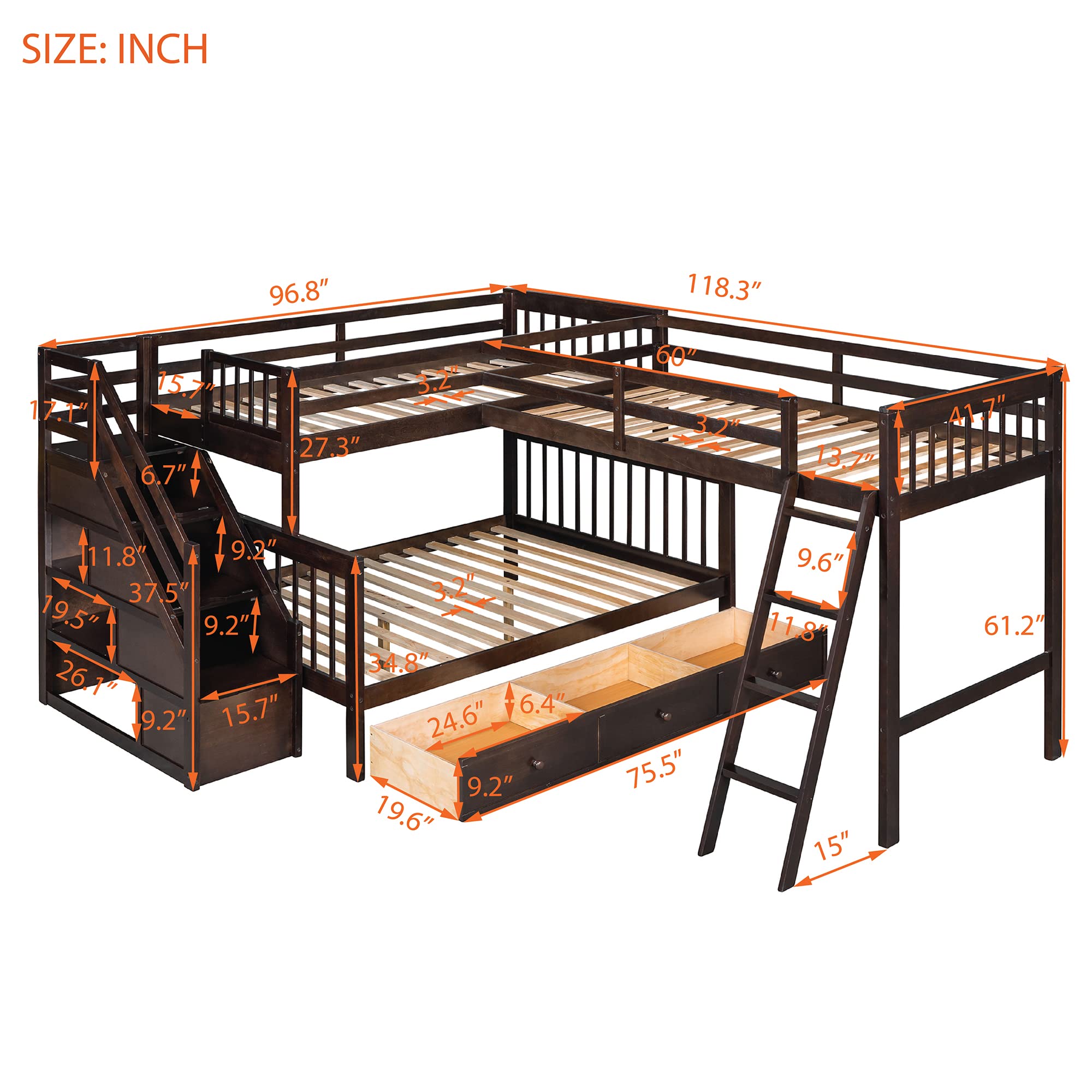 Modern L-Shaped Solid Wood Triple Bunk Bed - Twin over Full with Storage Staircase, 3 Drawers & Safety Guardrail - Space-Saving Loft Bed Frame for Adults, Teens & Kids - Perfect for Small Bedrooms, Guest Rooms & Dormitories (Espresso)