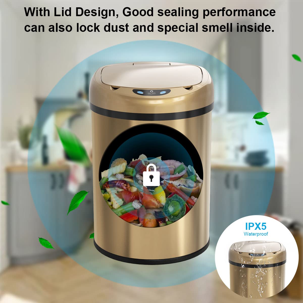 Smart Trash Can 3.5 Gallon Automatic Sealing Stainless Steel Garbage Bin - Touchless Sensor Trash Can with Odor Control for Kitchen, Bathroom, Office - Hands-Free Waste Disposal Solution (Champagne Gold)