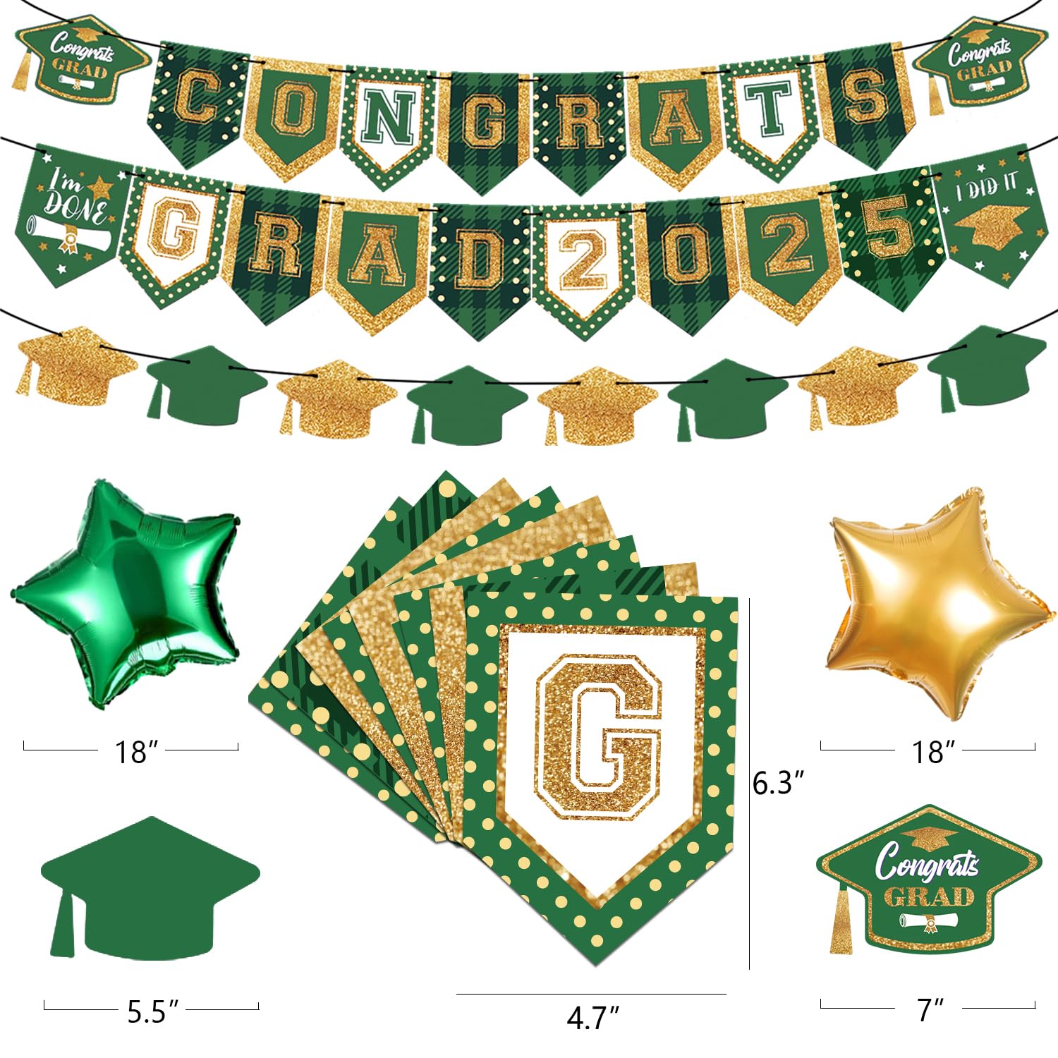 2025 Graduation Party Decorations Kit - Green White Gold Class of 2025 Congrats Grad Banners, Paper Pompoms & Foil Balloons | Perfect for High School & College Graduation Celebrations, Photo Backdrops & Party Supplies