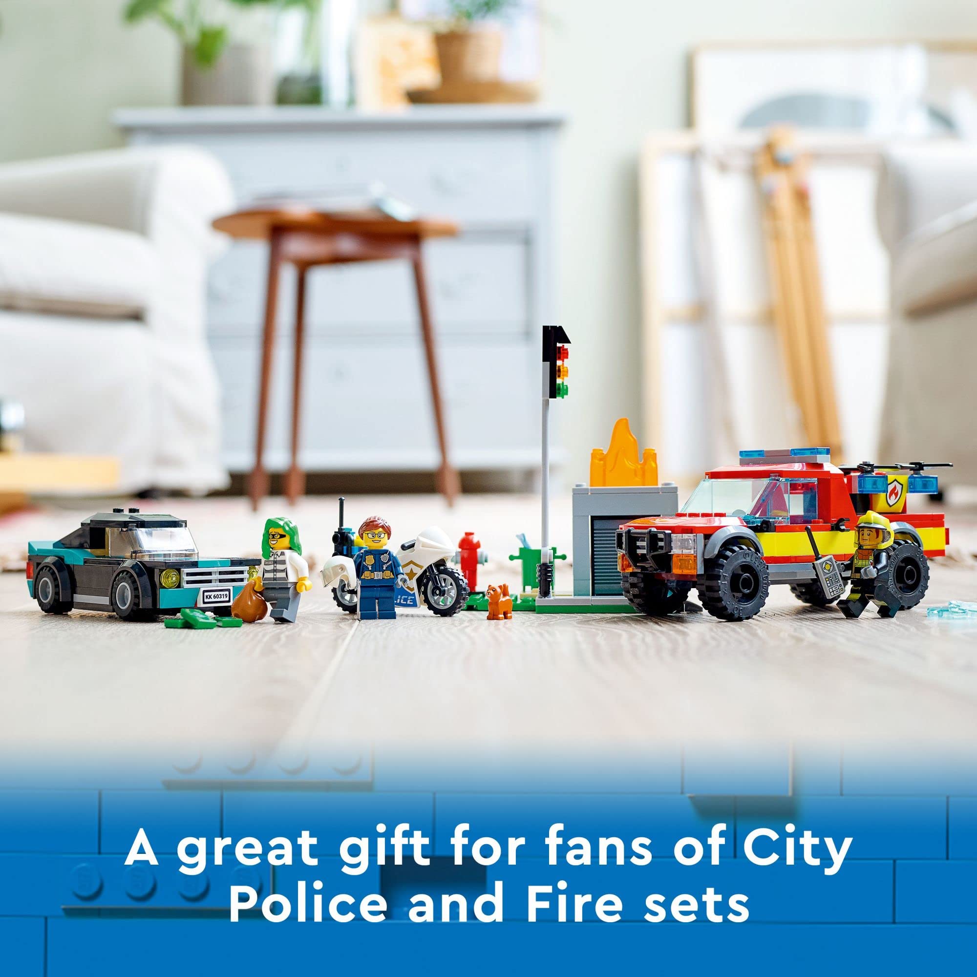 LEGO City Fire Rescue & Police Chase Building Set 60319 - Kids Fire Truck & Police Car Toy with 3 Minifigures, Emergency Vehicles, Motorcycle - Creative STEM Building Blocks for Boys & Girls Ages 5+ - Perfect for Role Play, Birthday Gifts & Classroom Learning Activities
