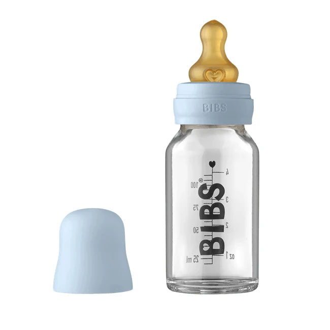 Premium Baby Glass Bottle Set with Latex Bibs - 110ml, Baby Blue - Ideal for Newborns, Infants & Toddlers - Perfect for Feeding, Travel & Daycare