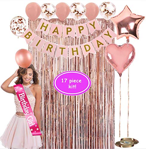 17-Piece Rose Gold Birthday Party Decorations Kit - Birthday Girl Sash, Happy Birthday Banner, 20 Rose Gold Confetti Balloons, Star & Heart Foil Balloons for Women's Birthday, Bridal Shower, Baby Shower Decorations