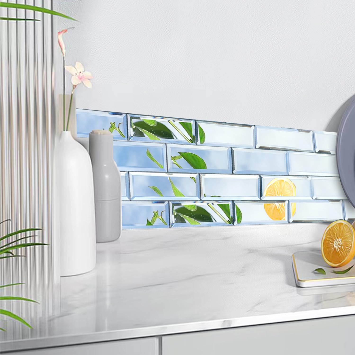 Peel and Stick Beveled Mirror Glass Tiles - 2.5x1 Inch Self-Adhesive Backsplash Tiles for Kitchen & Bathroom Wall Decor - Set of 32 Mirror Mosaic Strips - Perfect for Accent Walls, Vanity Areas, and DIY Home Improvement Projects