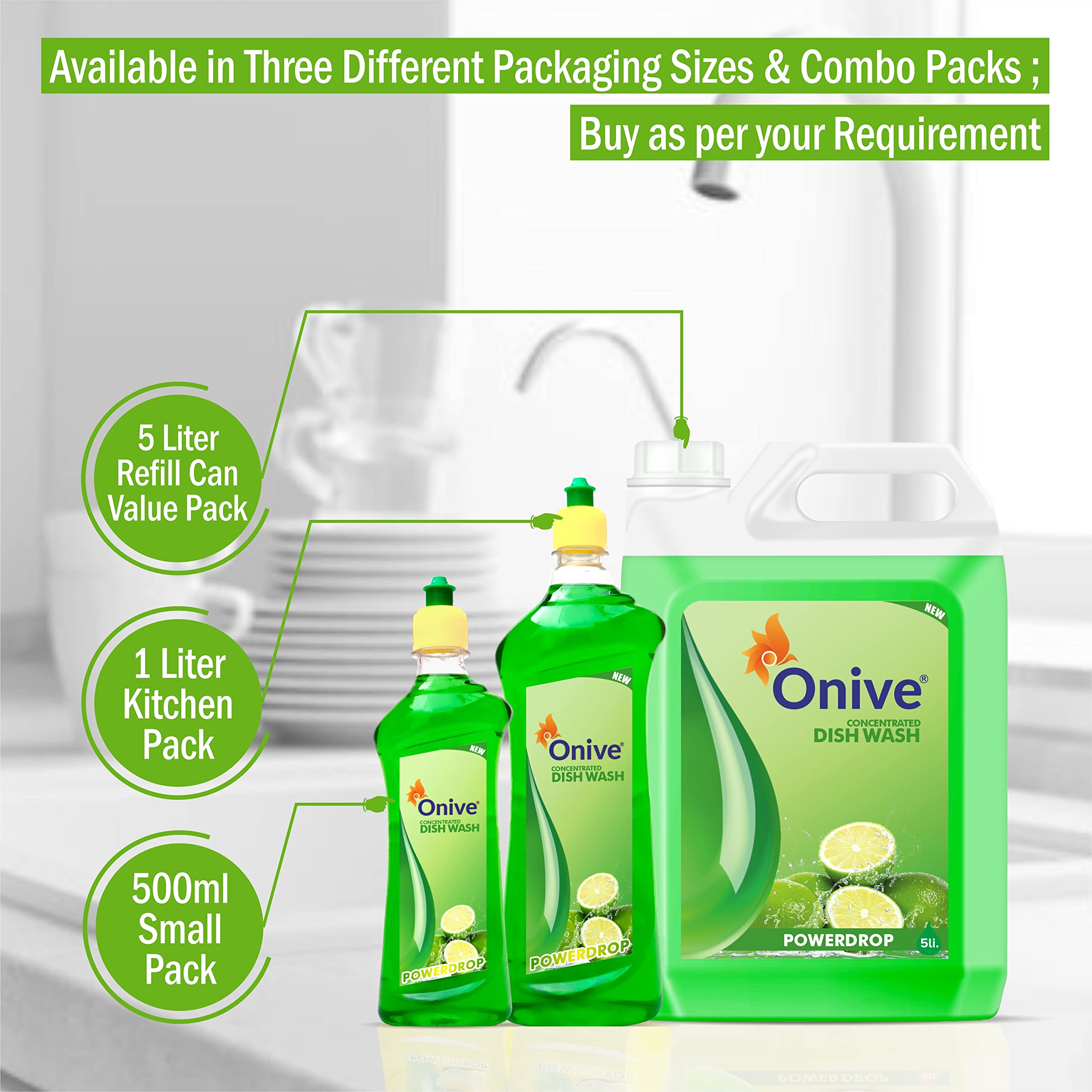 Onive PowerDrop Dish Wash Liquid Gel 5L Refill Pack - Lime Scented, Residue-Free Concentrated Dishwashing Detergent for All Utensils | Ideal for Kitchen Cleaning, Dishwasher Use & Heavy-Duty Pots & Pans