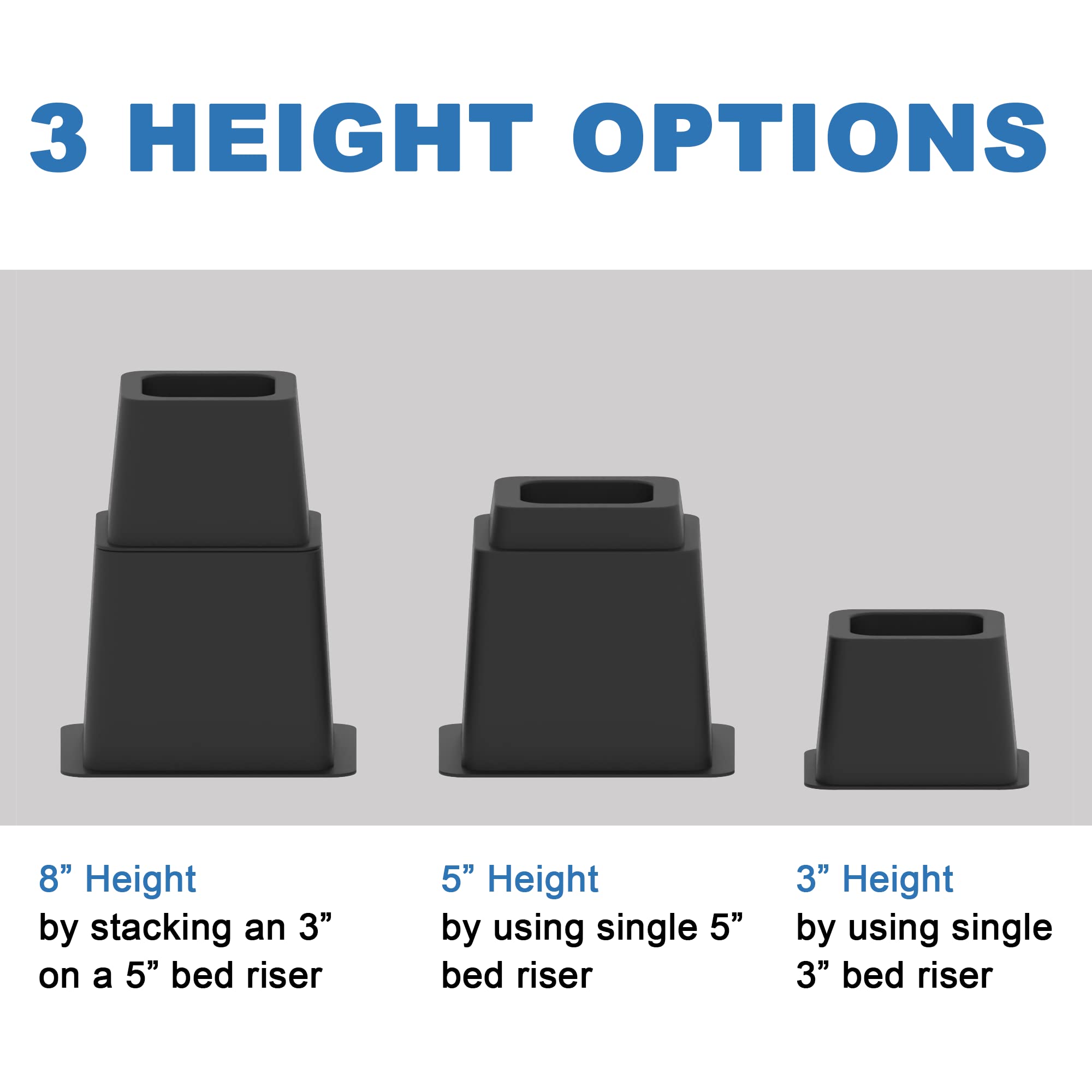 3, 5 or 8 Inch Heavy Duty Stackable Bed Risers - 3375 LBS Capacity for Lifting Beds, Sofas & Furniture (Set of 9, Black) - Perfect for Dorm Rooms, Small Spaces & Storage Organization