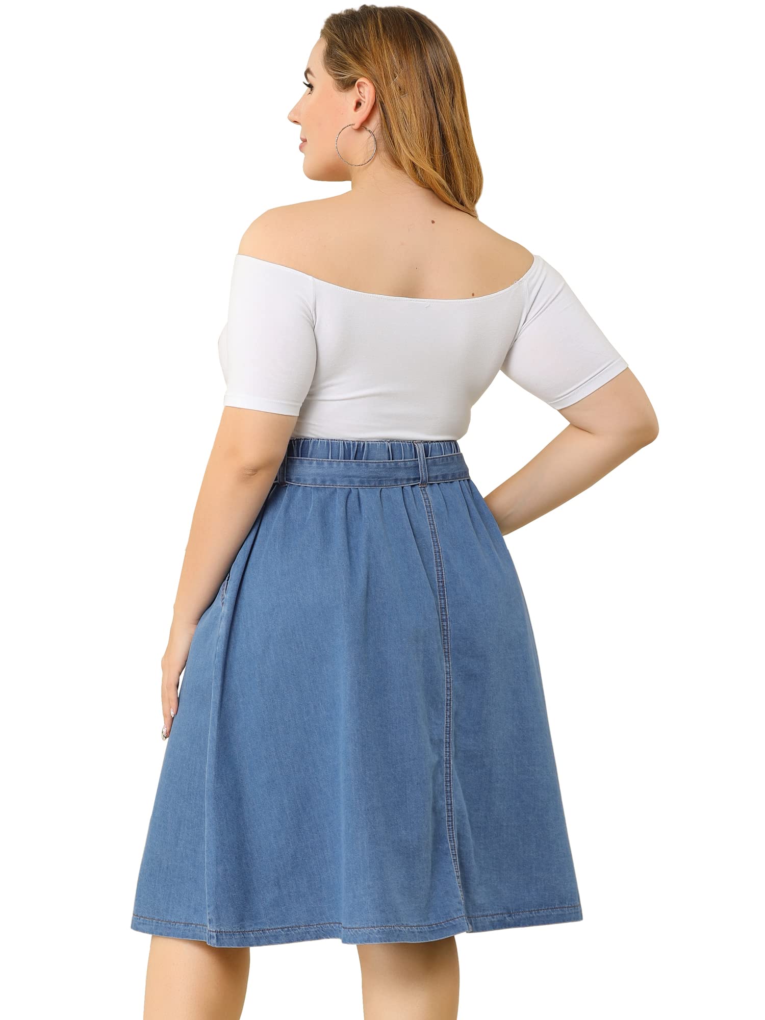 Agnes Orinda Women's Plus Size Denim Skirt - Stretch A-Line Midi Skirt with Tie Waist & Pockets | Casual Summer Outfit for Work, Date Night & Weekend Wear