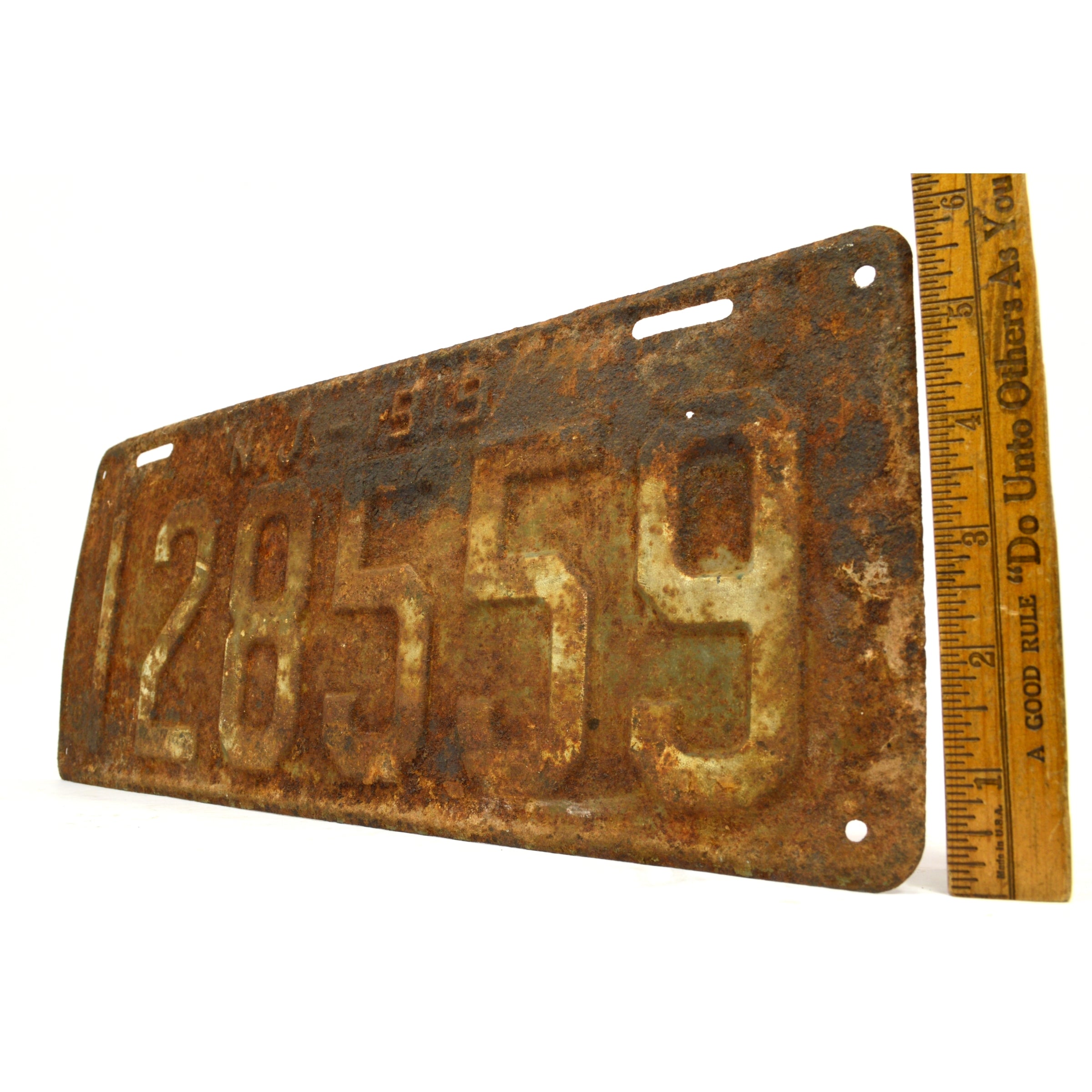 Vintage 1919 New Jersey License Plate - Authentic NJ Antique Car Tag with Rusty Patina, Number 128559 - Perfect for Classic Car Restoration, Man Cave Decor & Vintage Collectors