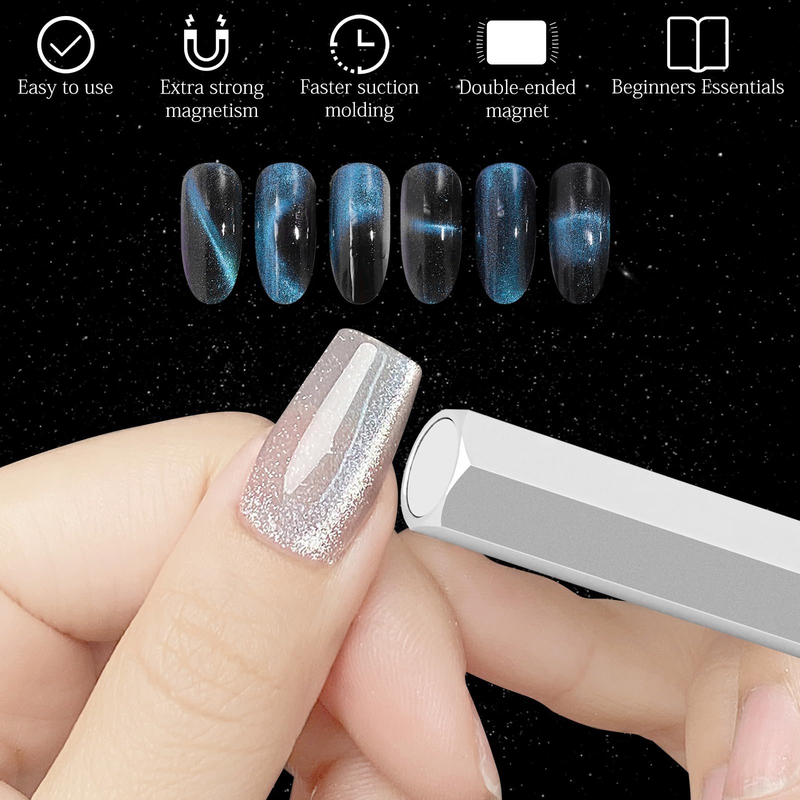 Professional Double-Ended Hexagon Cat Eye Nail Magnet Stick for Gel Polish - Strong Magnetic Effect for Stunning Cat Eye Nails - Perfect for DIY, Nail Studio & Salon Use (Silver) | Create Salon-Quality Magnetic Nail Art at Home or Professional Nail Services