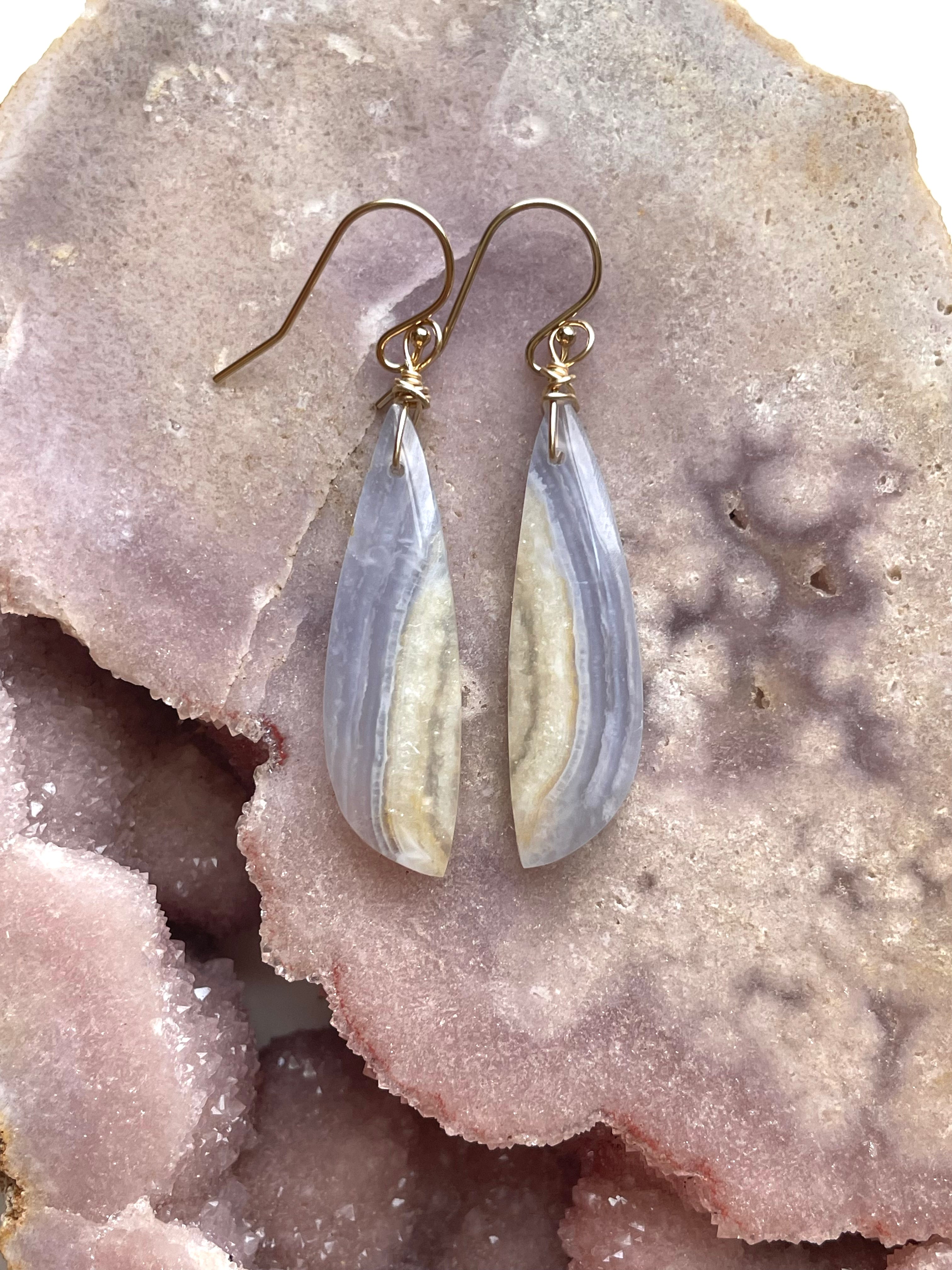 Blue Lace Agate Earrings - 14K Gold Filled Dangle Earrings for Women | Healing Crystal Jewelry Gift for Birthday, Wedding & Everyday Wear