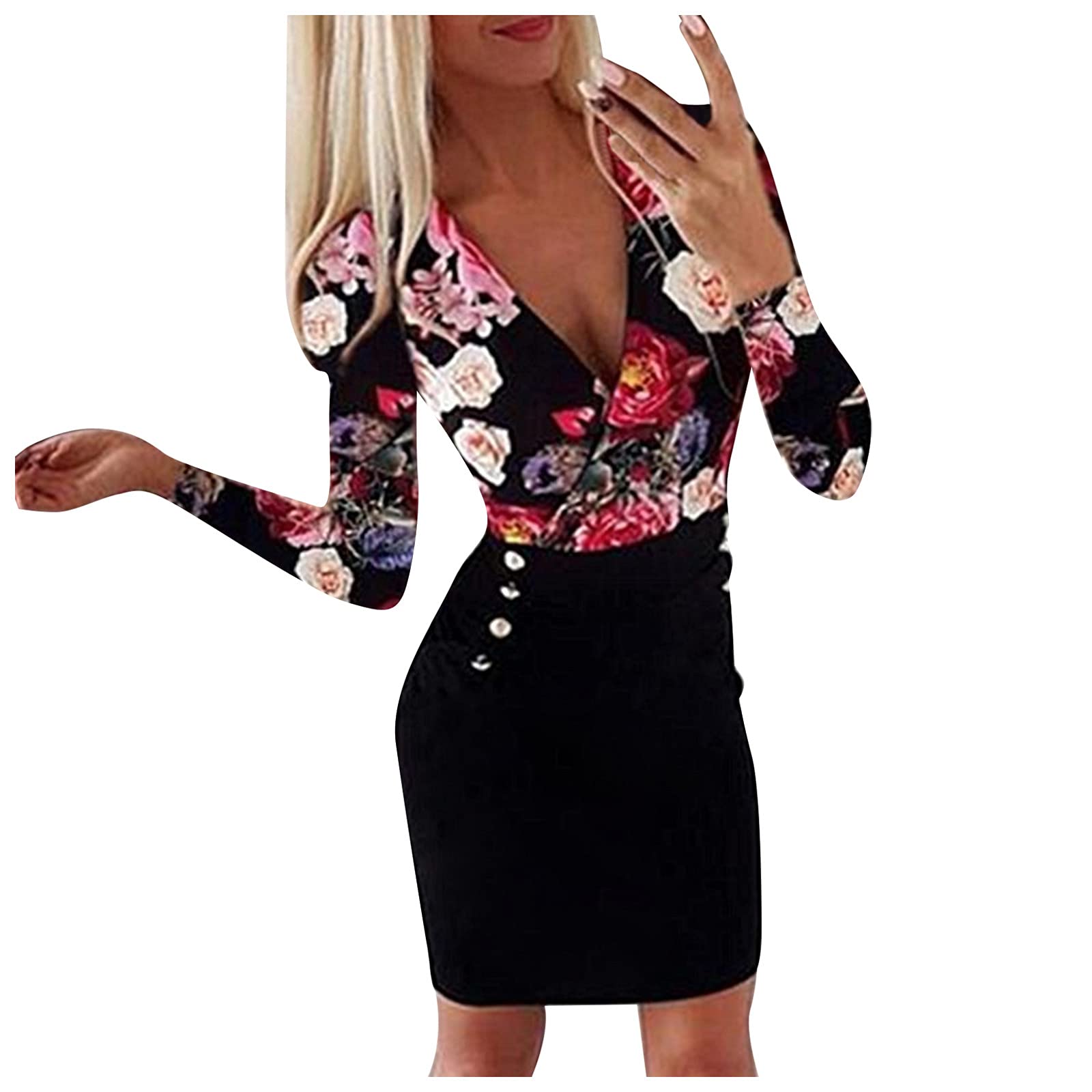 Women's Floral Print V-Neck Long Sleeve Tunic Dress - Sexy Midi Party Dress for Holiday, Easter & Special Occasions - Perfect for Cocktail Parties, Date Nights & Spring Celebrations