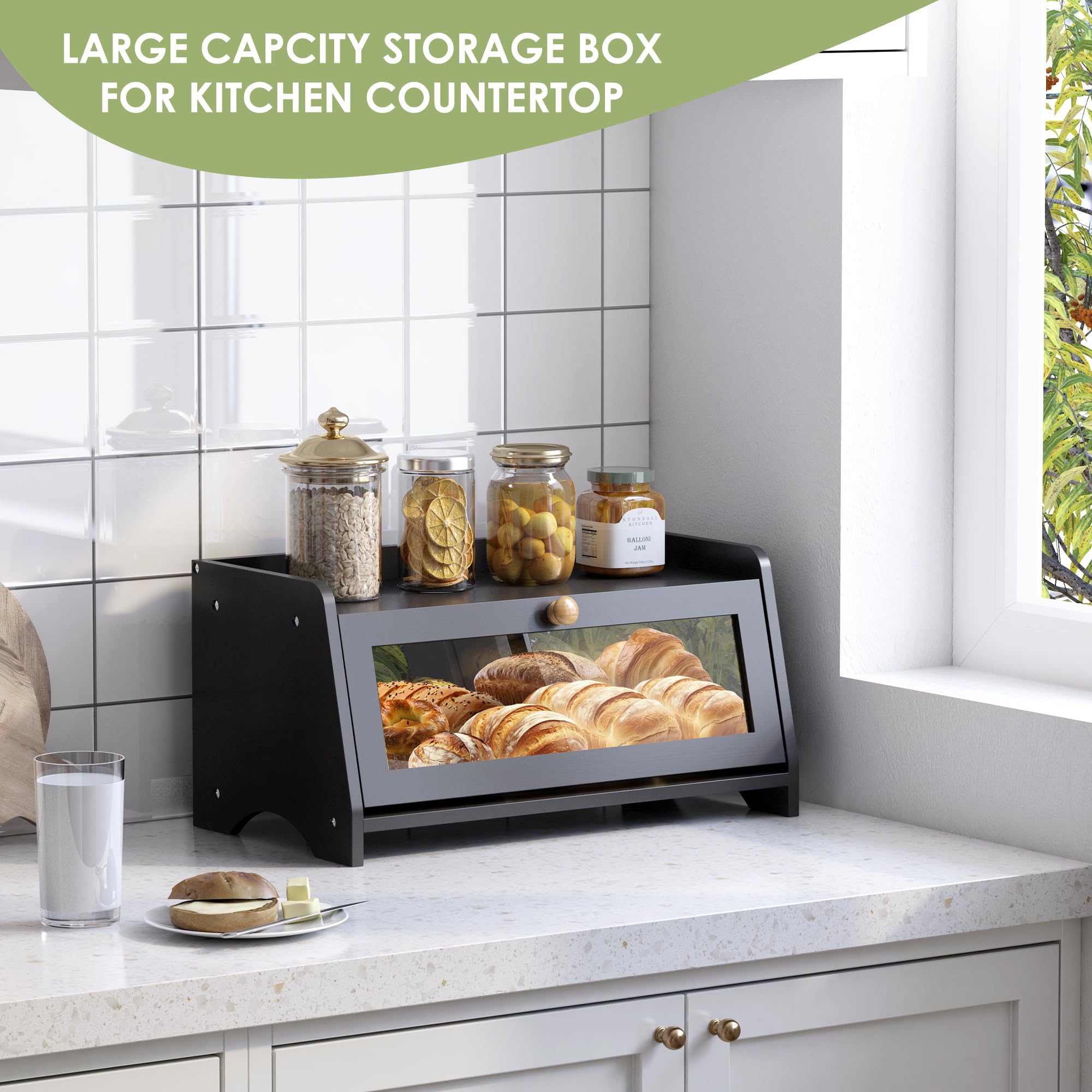 Large Wooden Farmhouse Bread Box with Window - Countertop Bread Storage Container for Kitchen, Pantry, or Dining Room - Perfect for Fresh Bread, Baguettes, and Pastries (Black)