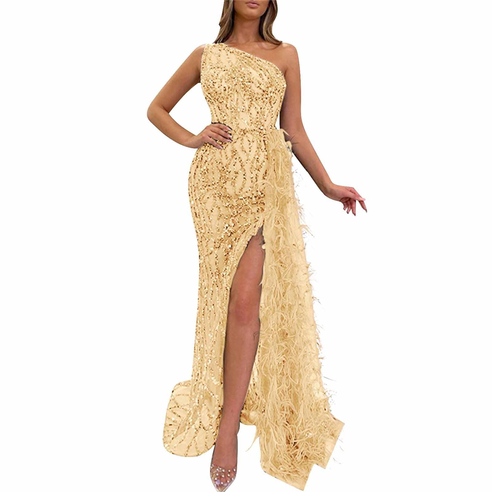 Elegant One Shoulder Sequin Cocktail Dress for Women - Sparkling Champagne Formal Evening Gown with High Slit | Perfect for Prom, Wedding Guest, New Year's Eve Party & Special Occasions