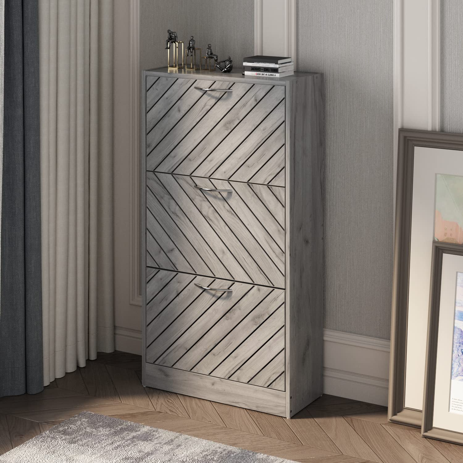 Hitow 3-Tier Shoe Storage Cabinet with Shutter Doors & Adjustable Shelves - Space Saving Narrow Entryway Shoe Organizer for Small Spaces, Freestanding Shoe Rack (22.4