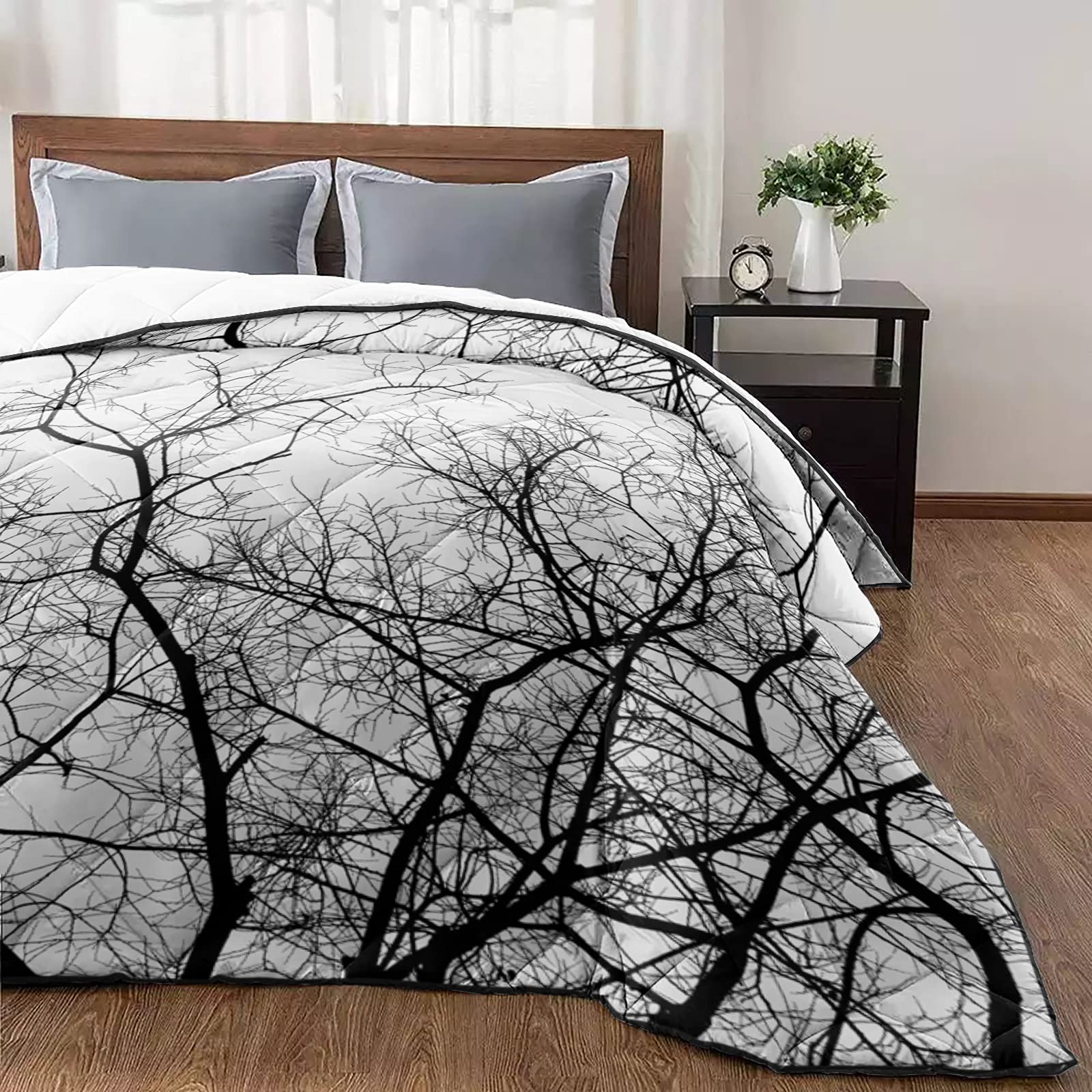 California King Size Reversible Quilt Set - Soft All-Season Bedspread Coverlet for Adults & Kids | Winter Tree Branches Black White Design | Lightweight Duvet & Throw Blanket for Bed, Couch, Sofa (Home Decor, Guest Room, Cozy Nights)