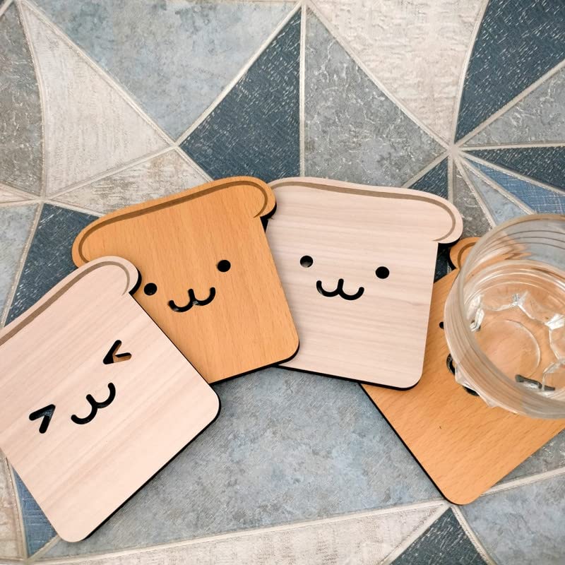 4-Piece Wooden Tea Coaster Set - Toast Bread Design - Premium MDF Wood Coasters for Hot & Cold Drinks - Perfect for Dining Table, Office Desk, Coffee Table & Home Decor - Cute Kitchen Accessories Gift Idea