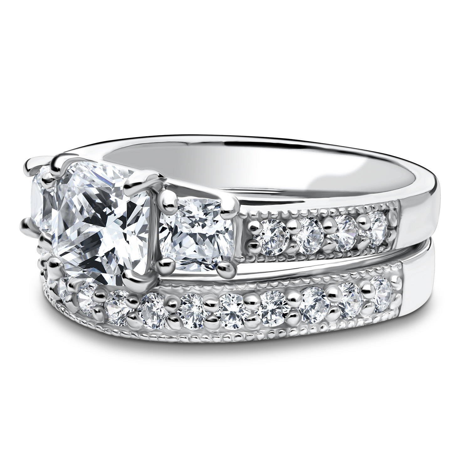 BERRICLE Sterling Silver 3-Stone Wedding Engagement Ring Set for Women - 1.5 Carat Cushion Cut Cubic Zirconia CZ, Rhodium Plated, Size 4-10 - Perfect for Proposals, Anniversaries & Special Occasions