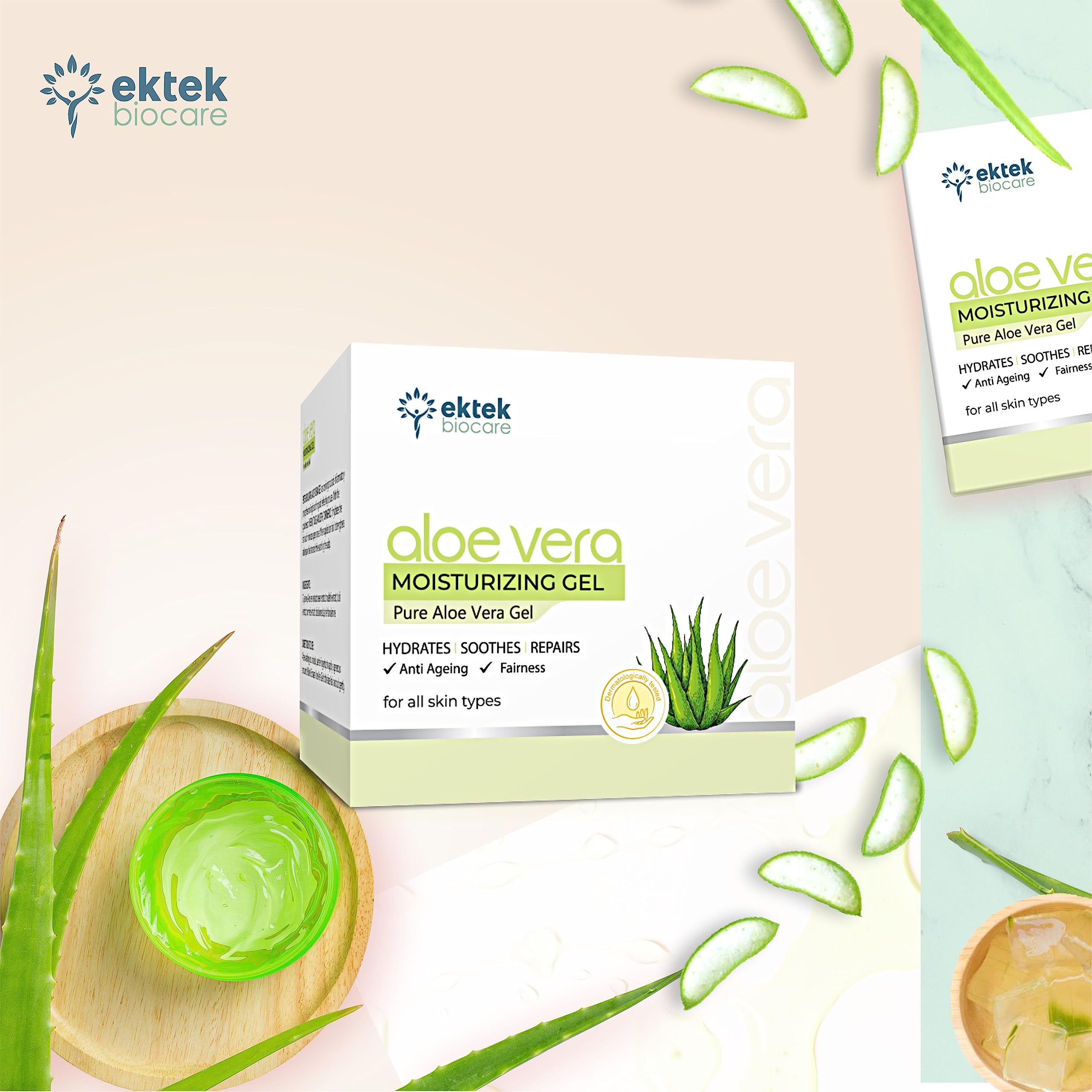 Ektek Biocare Pure Aloe Vera Gel 100ml for Face & Hair - Hydrating, Moisturizing, Soothing Skin Care Treatment | Natural Multipurpose Gel for Sunburn Relief, Acne, Dry Scalp & After Shave (Pack of 2) | Perfect for Daily Skincare & Hair Hydration Routine