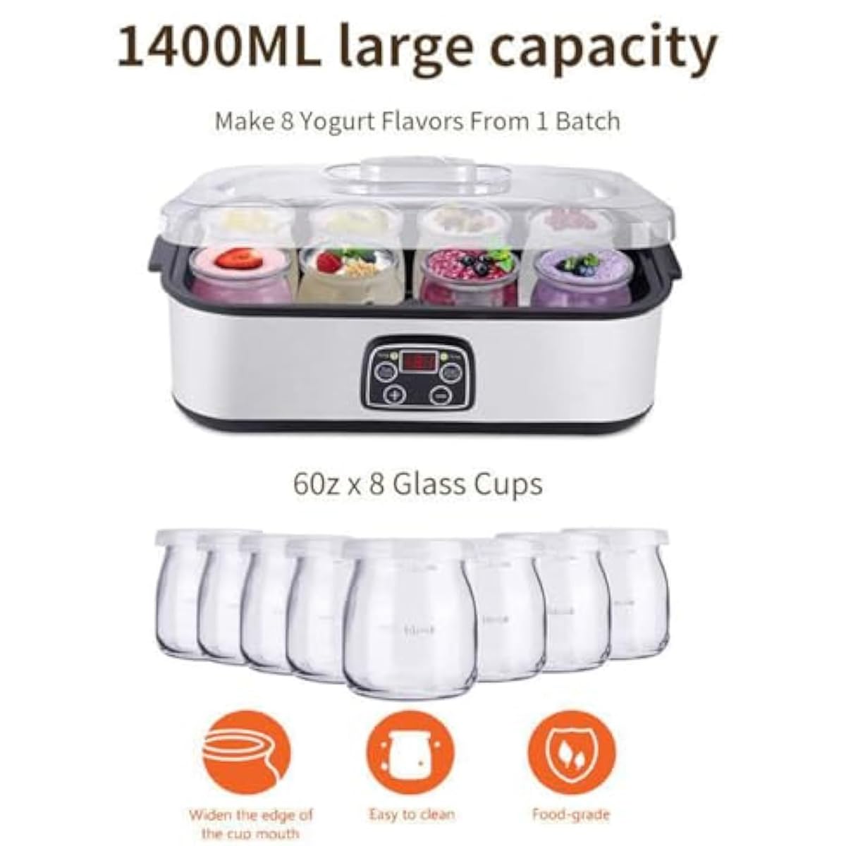 Automatic Yogurt Maker Machine with 8 Glass Jars - 1400ml Stainless Steel Probiotic Yogurt Maker with Digital Timer & Temperature Control - Perfect for Homemade Greek Yogurt, Dairy-Free & Vegan Yogurt - Ideal for Healthy Breakfast, Snacks & Meal Prep