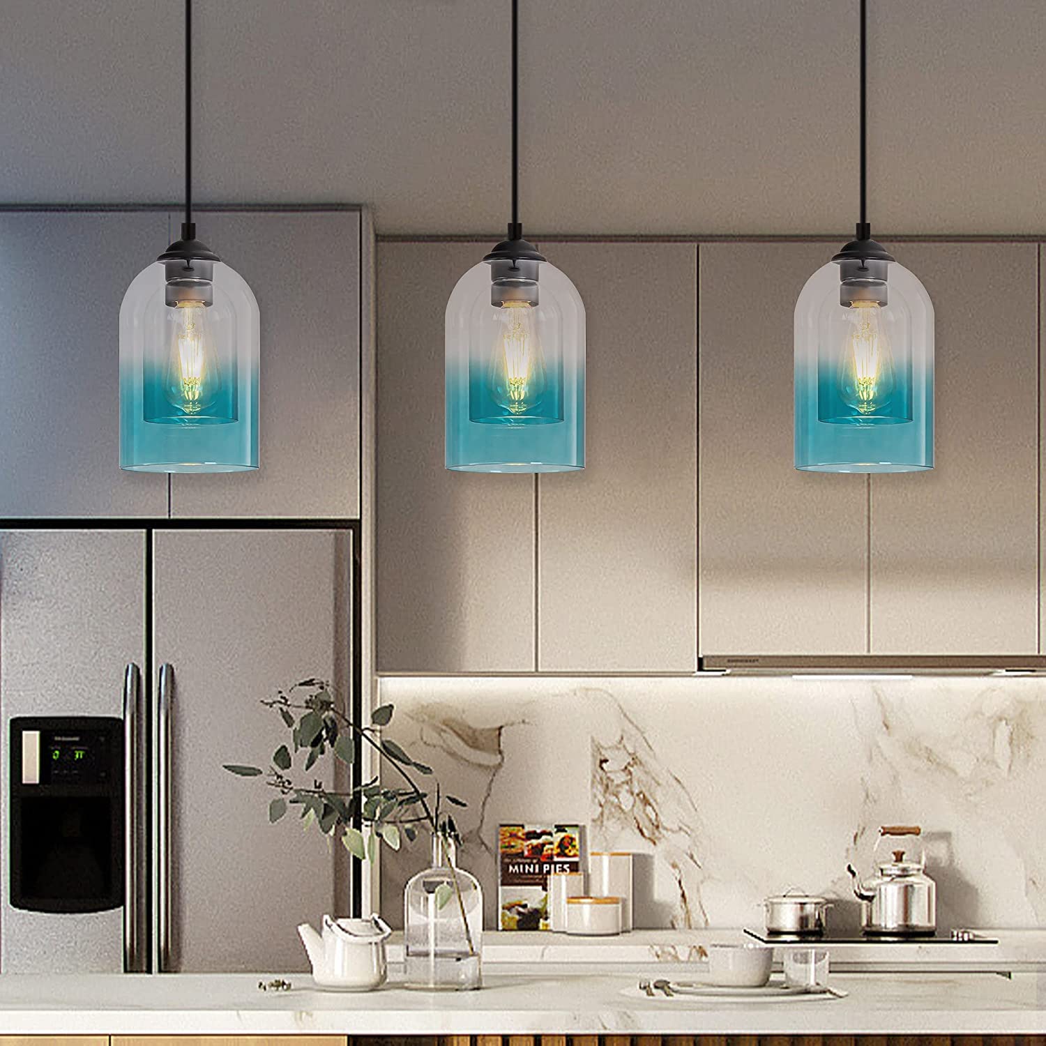 Modern Blue Adjustable Pendant Light Fixtures - Industrial Glass Hanging Lights for Kitchen Island, Dining Table, Hallway & Bedroom - Energy Efficient LED Lighting for Home & Office Decor (Set of 2, Blue)