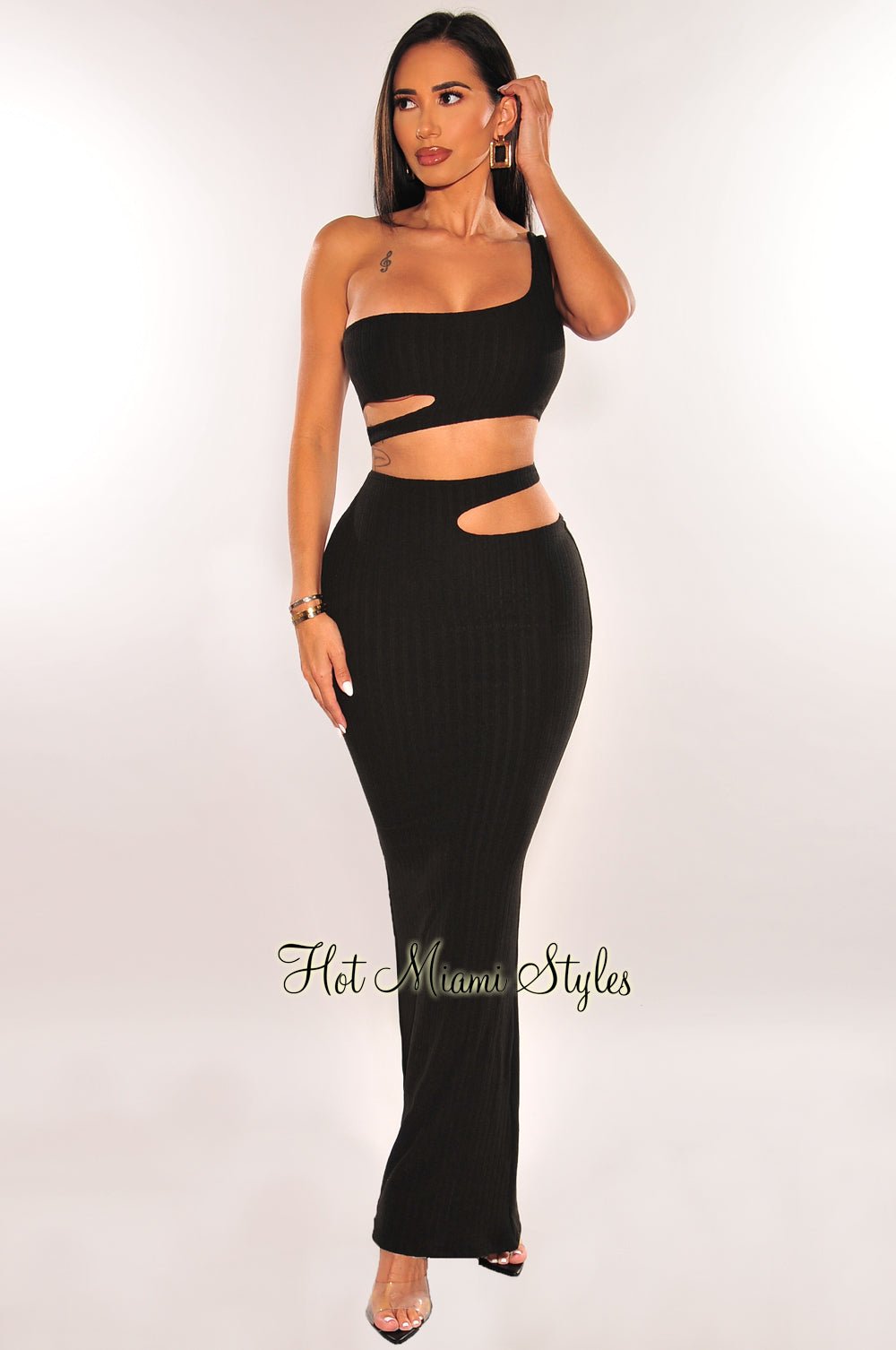 Black Ribbed One Shoulder Cut Out Maxi Skirt Two Piece Set - Elegant Women's Outfit for Summer Beach Party, Date Night & Vacation