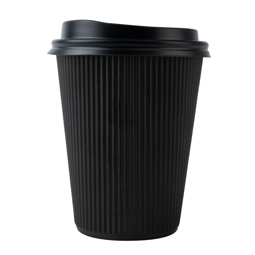 12 oz Black Ripple Wall Paper Coffee Cups with Lids - 20 Count Bulk Pack (3.5