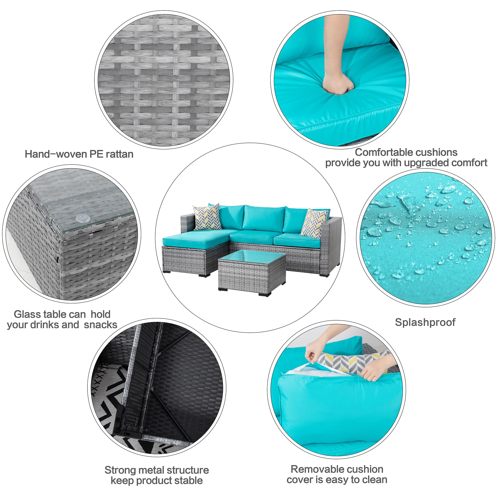 Shintenchi 3-Piece Outdoor Patio Furniture Set - All-Weather Wicker Sectional Sofa with Washable Cushions & Glass Table - Silver & Blue Conversation Set for Garden, Backyard, Poolside or Balcony