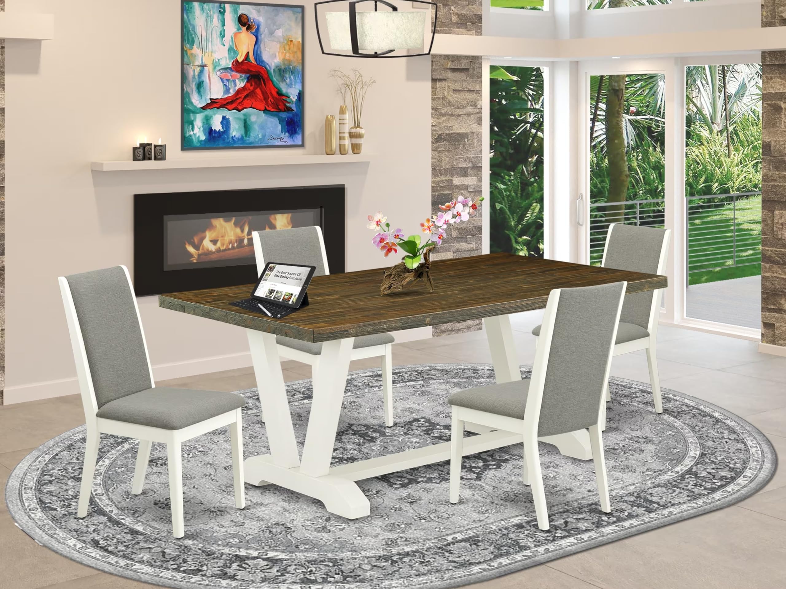 East West Furniture 5-Piece Dining Table Set for 4 - Rectangle Kitchen Table with V-Legs & 4 Linen Upholstered Chairs, 40x72 Inch, Multi-Color - Perfect for Small Kitchens, Breakfast Nooks & Compact Dining Spaces