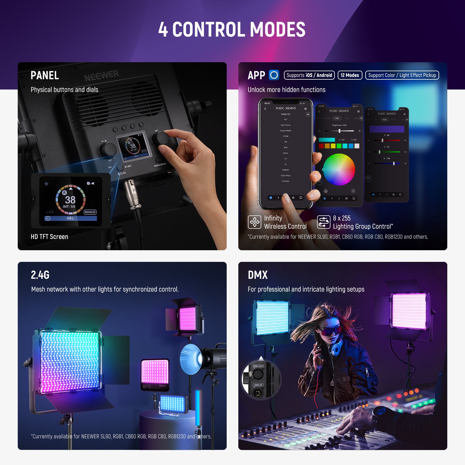NEEWER 2 Pack PL60C RGB LED Panel Video Light Kit with Adjustable Brightness & Color Temperature - Perfect for YouTube, TikTok, Photography, and Studio Lighting