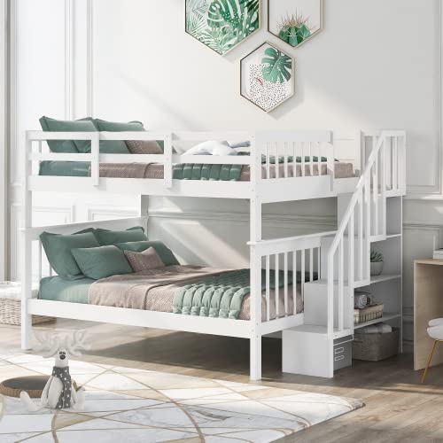 Zaboro Full Over Full Wood Bunk Bed with Storage Stairs & Guardrail - Space Saving 2-in-1 Bunk Bed Frame for Kids & Teens Bedroom - Easy Assembly White - Perfect for Small Rooms, Shared Kids Bedrooms & Vacation Homes