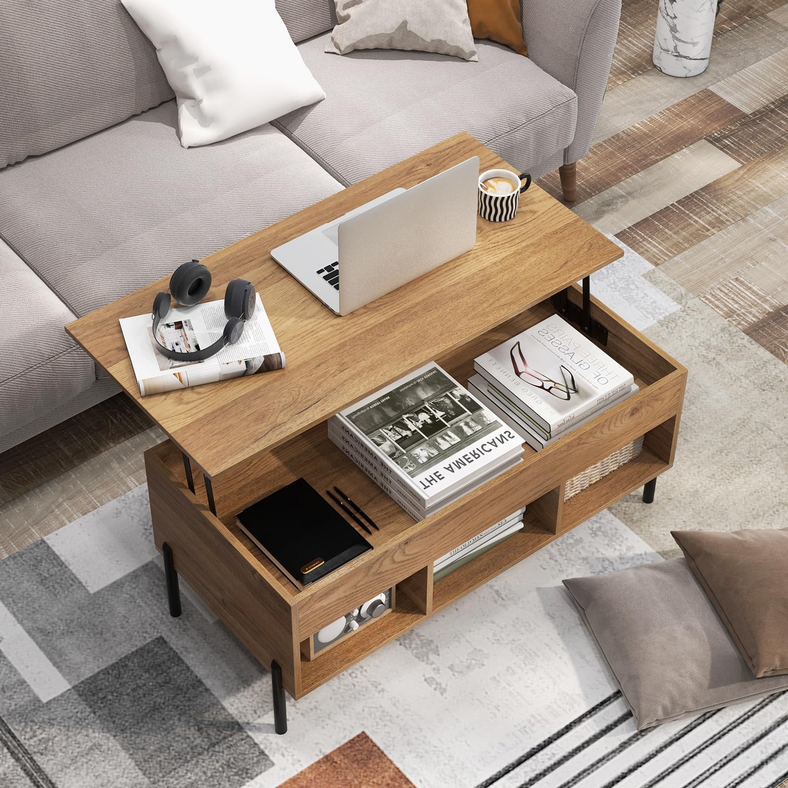 Tangkula Lift Top Coffee Table with Metal Legs - Multifunctional Wooden Dining & Working Table with Hidden Compartment & 3 Open Cubbies for Living Room, Office, Reception Area (Natural Finish) - Perfect for Entertaining, Remote Work, and Stylish Home Decor