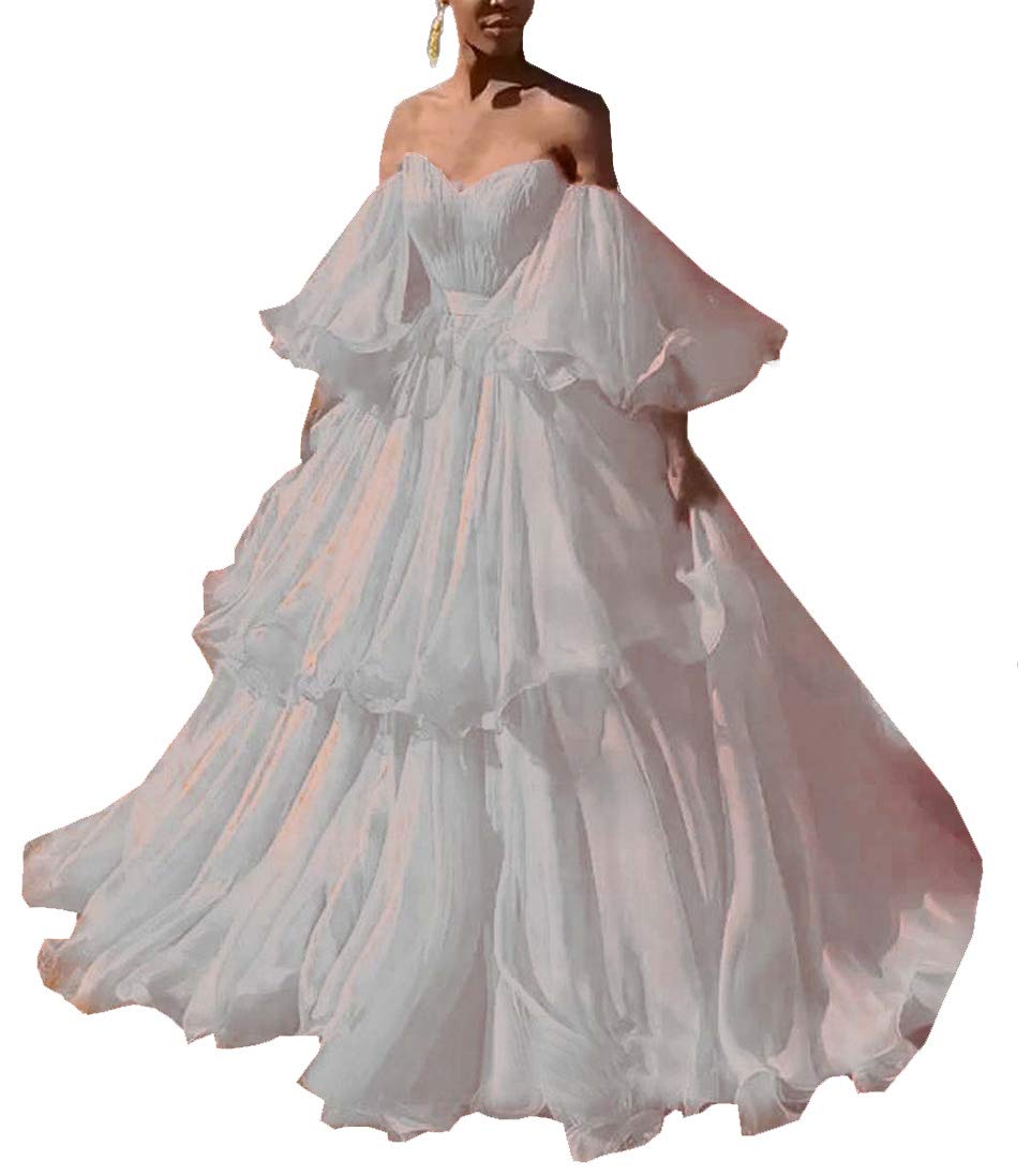 Mauwey Women's Off Shoulder Organza Prom Dress with Ruffles & Puff Short Sleeves - Elegant Formal Evening Gown for Homecoming, Wedding Guest, Cocktail Party