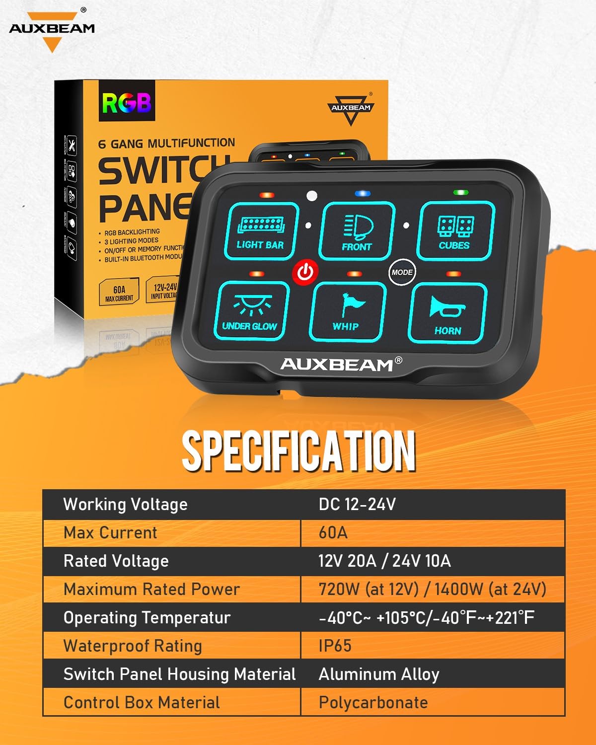 Auxbeam 6 Gang Switch Panel Bluetooth AR-600 RGB Backlit Large Button Auxiliary Switch Pod with Toggle/Momentary/Pulsed Modes - Waterproof 12-24V for UTV, Boat, Truck, RV | Off-Road Lighting, Marine Control, Vehicle Customization | 2 Year Warranty