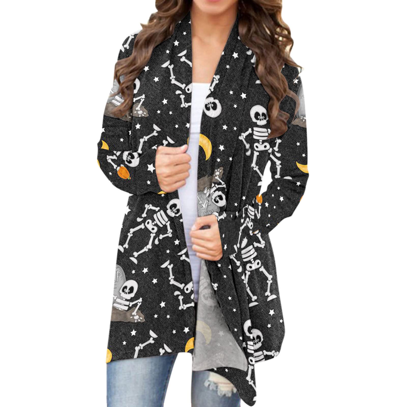 Women's Long Coat with Cat & Pumpkin Print - Halloween Cardigan Blouse for Casual Wear | Perfect for Fall Outfits, Costume Parties & Cozy Layering